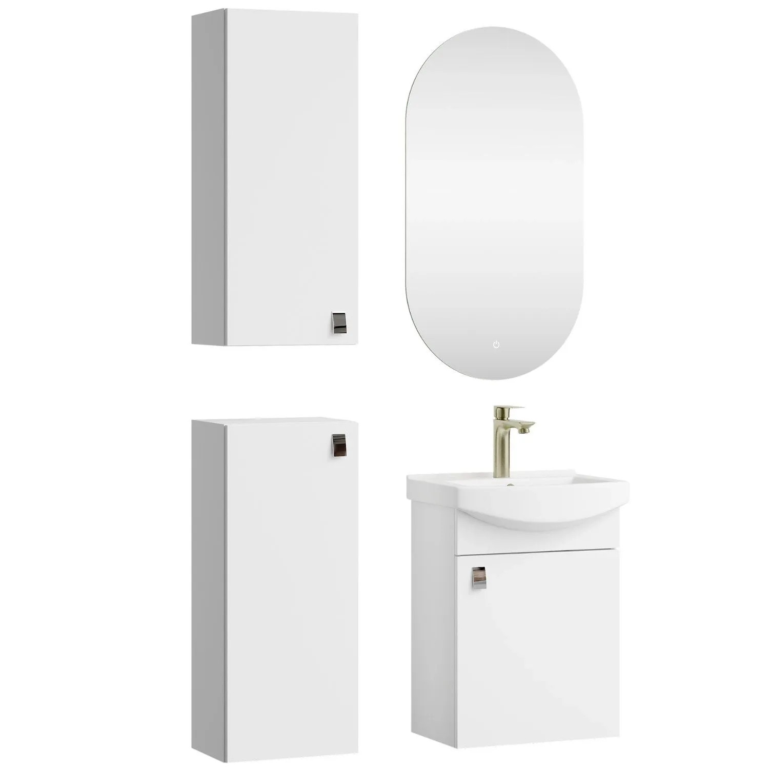 Planetmöbel Badmöbel Set 45 cm Weiß mit Keramikwaschbecken LED Spiegel und 2 Midischränken Soft Close