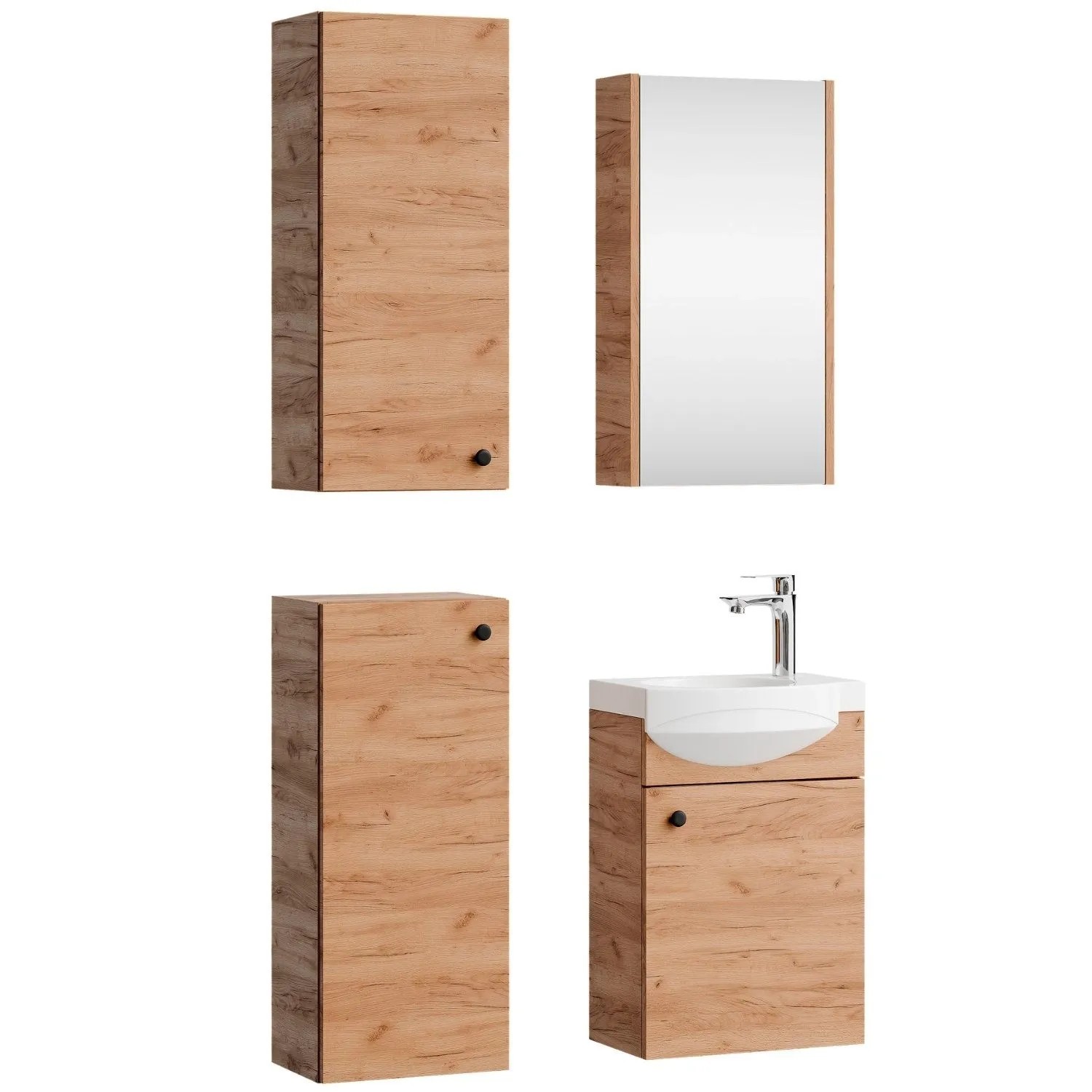 Planetmöbel Badmöbel Set 40 cm Gold Eiche mit Keramikwaschbecken Spiegelschrank 2 Midischränke Soft Close