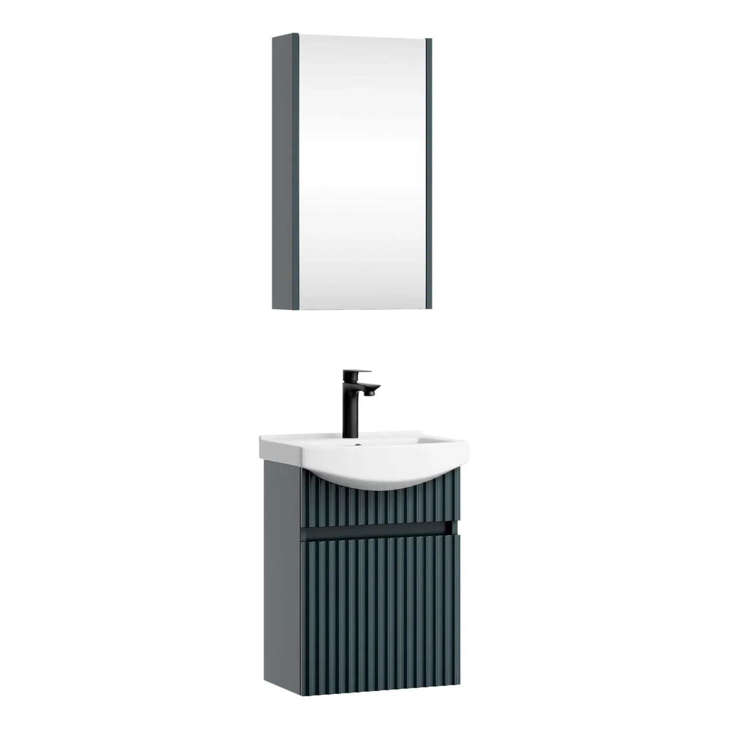 Planetmöbel Wega Badmöbel Set 45 cm Anthrazit Matt mit Keramikwaschbecken Spiegelschrank Holzgriffen