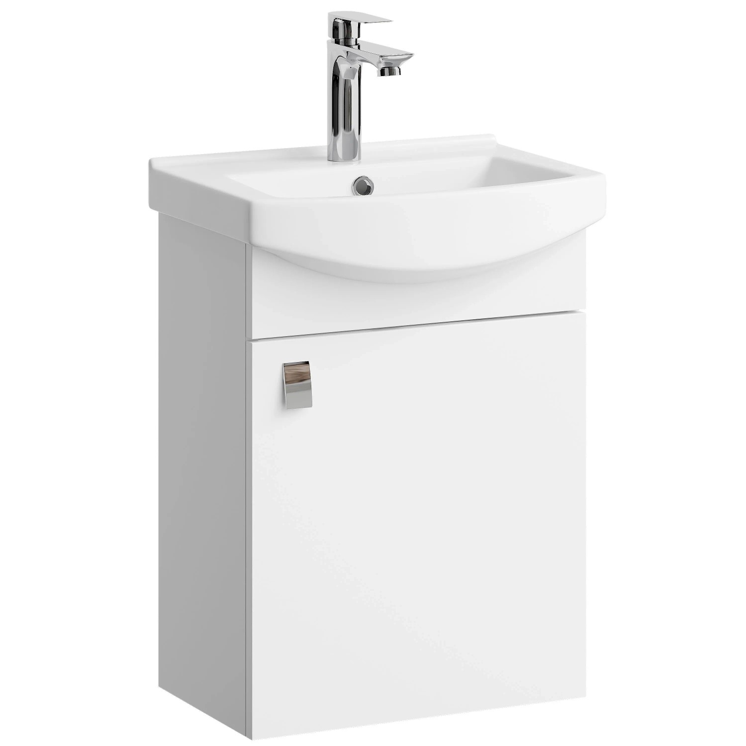 Planetmöbel Waschtischunterschrank 45 cm Weiß mit Keramikwaschbecken Armatur Chrom Soft Close