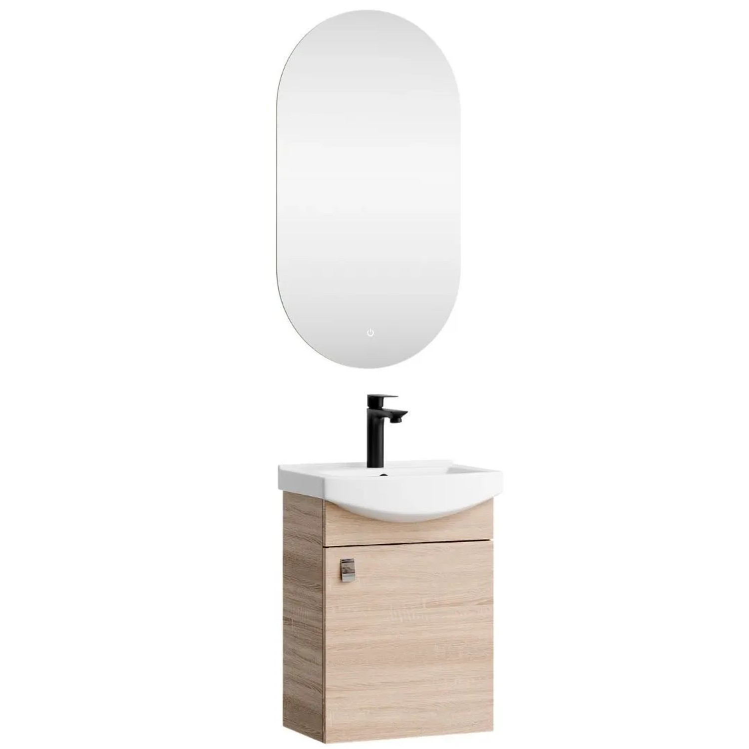 Planetmöbel Badmöbel Set 45 cm Sonoma Eiche mit Keramikwaschbecken Spiegel Soft Close