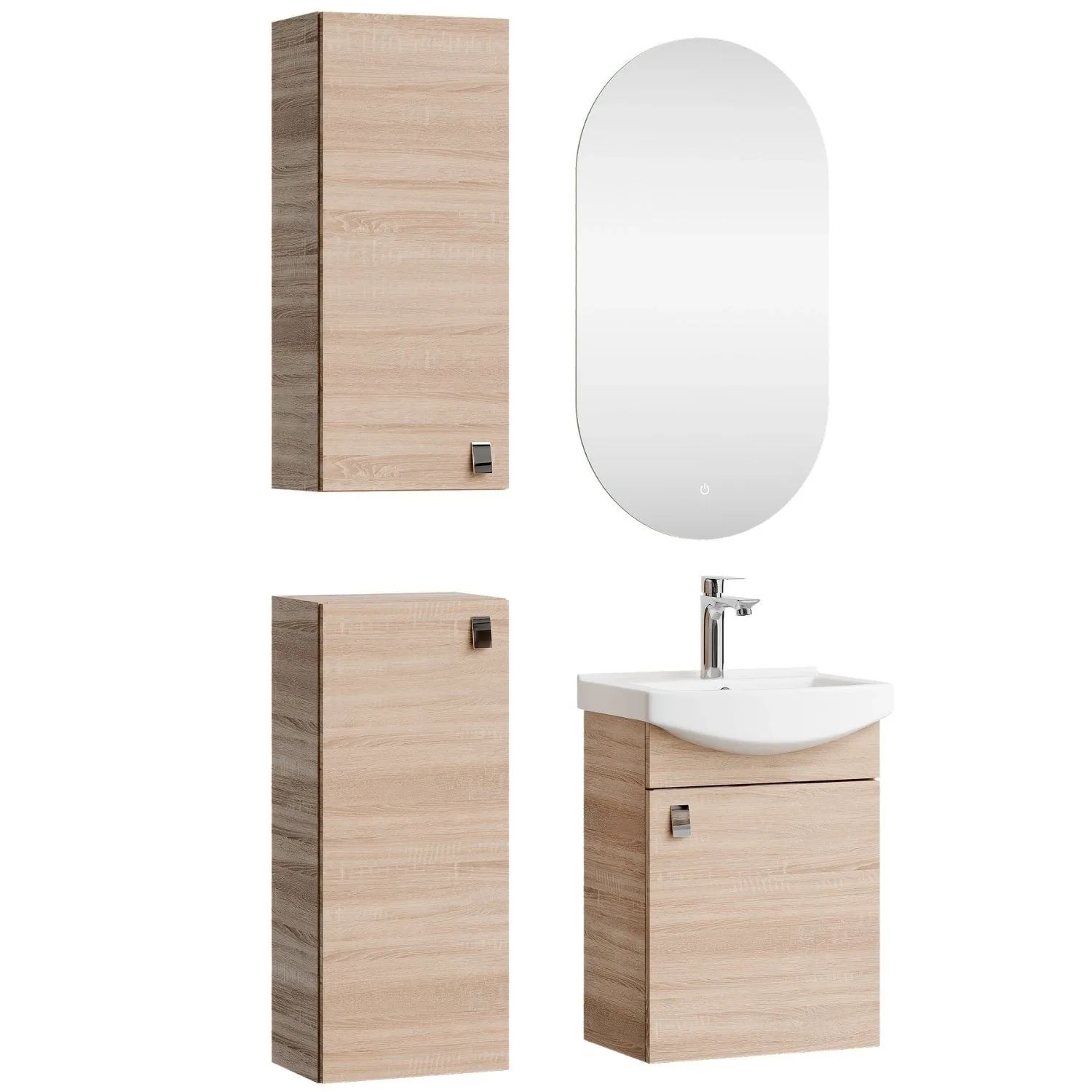 Planetmöbel Badmöbel Set 45 cm Sonoma Eiche mit Keramikwaschbecken LED Spiegel 2 Midischränke Soft Close
