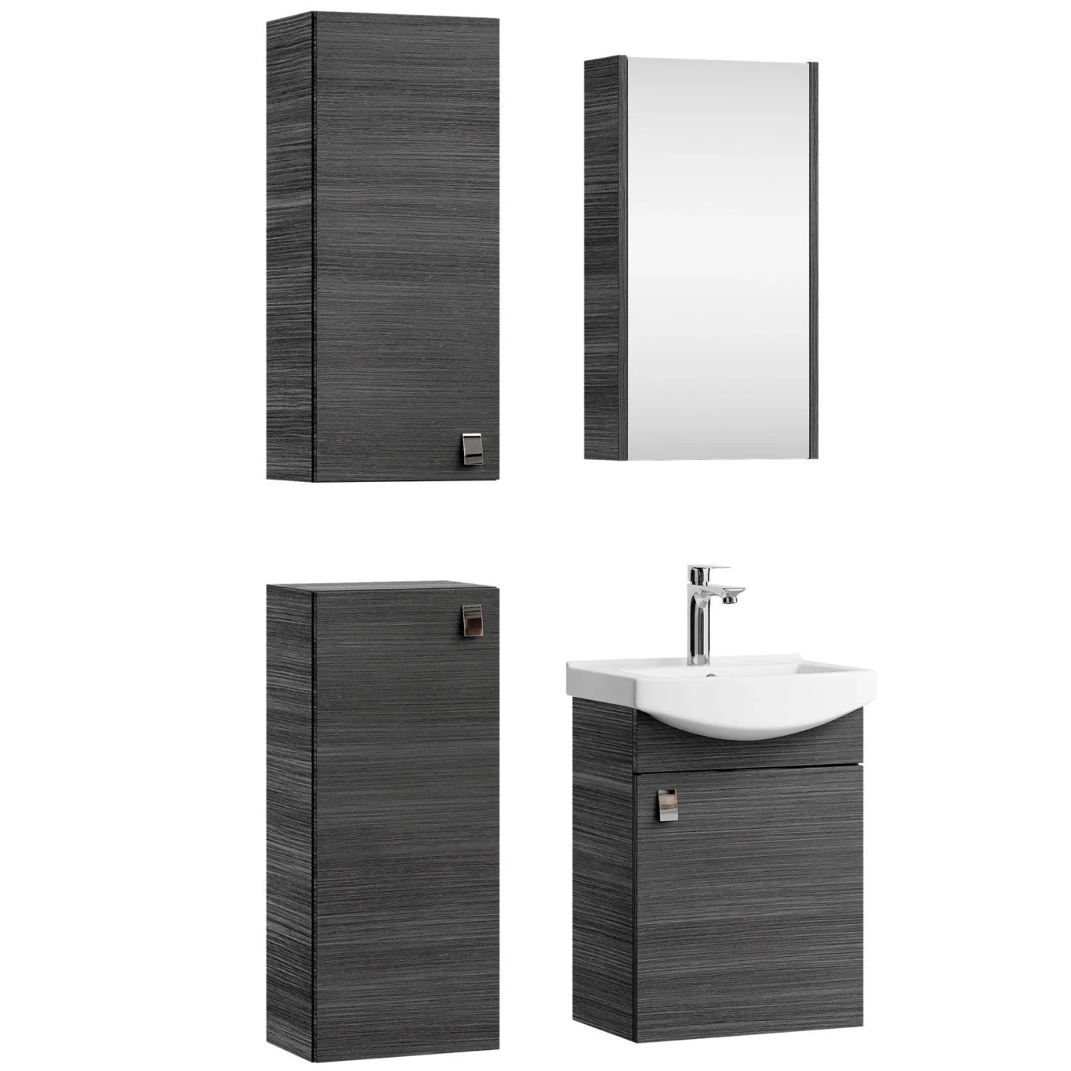Planetmöbel Badmöbel Set 45 cm Anthrazit mit Keramikwaschbecken Spiegelschrank 2 Midischränke Soft Close
