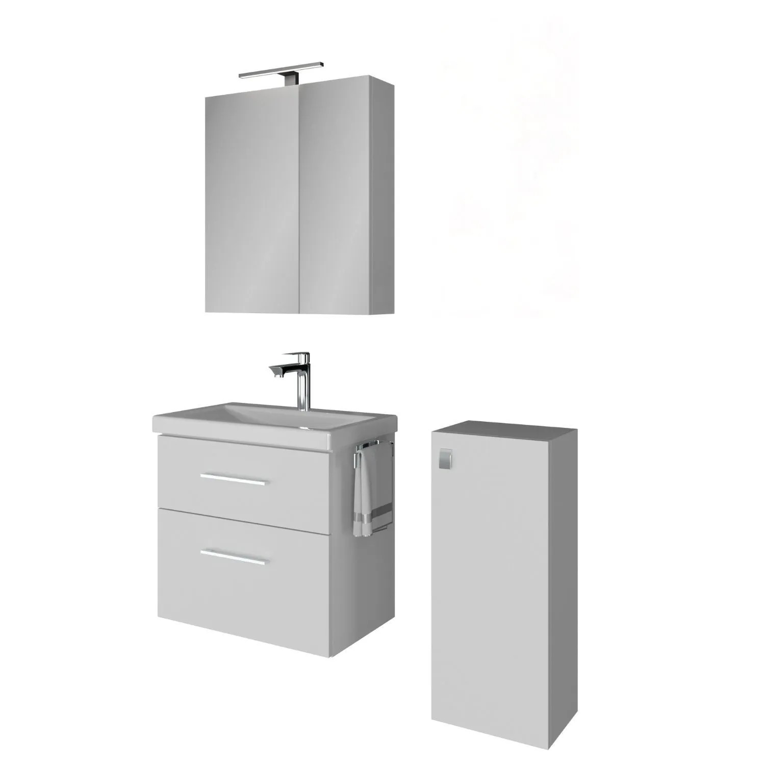 Planetmöbel Badmöbel Set 63 cm Weiß mit Keramikwaschbecken LED Spiegelschrank Midischrank Soft Close