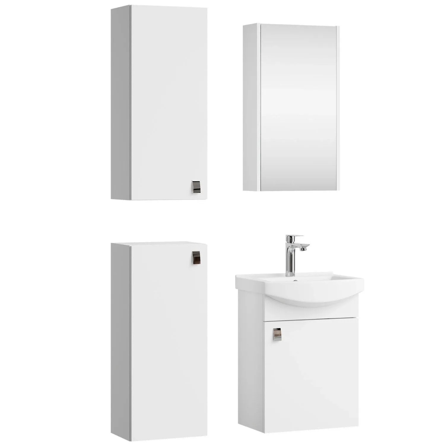 Planetmöbel Badmöbel Set 45 cm Weiß mit Keramikwaschbecken Spiegelschrank 2 Midischränke Soft Close