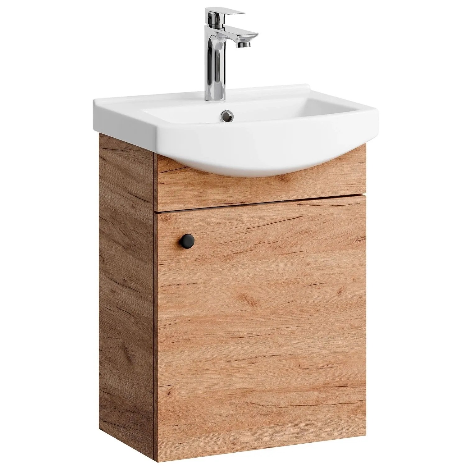 Planetmöbel Waschtischunterschrank 45 cm Gold Eiche mit Keramikwaschbecken Armatur Chrom Soft Close