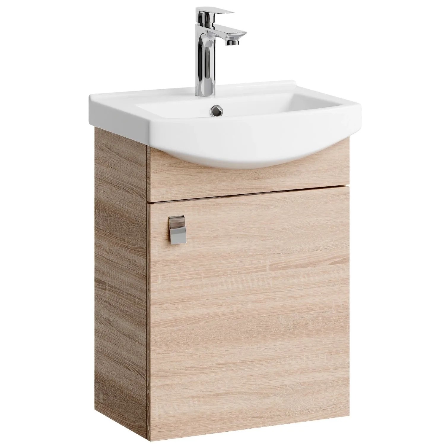 Planetmöbel Waschtischunterschrank 45 cm Sonoma Eiche mit Keramikwaschbecken Armatur Chrom Soft Close