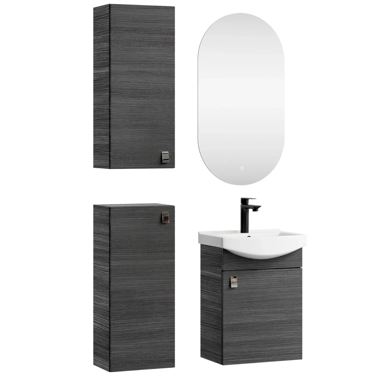 Planetmöbel Badmöbel Set 45 cm Anthrazit mit Keramikwaschbecken LED Spiegel 2 Midischränke Soft Close