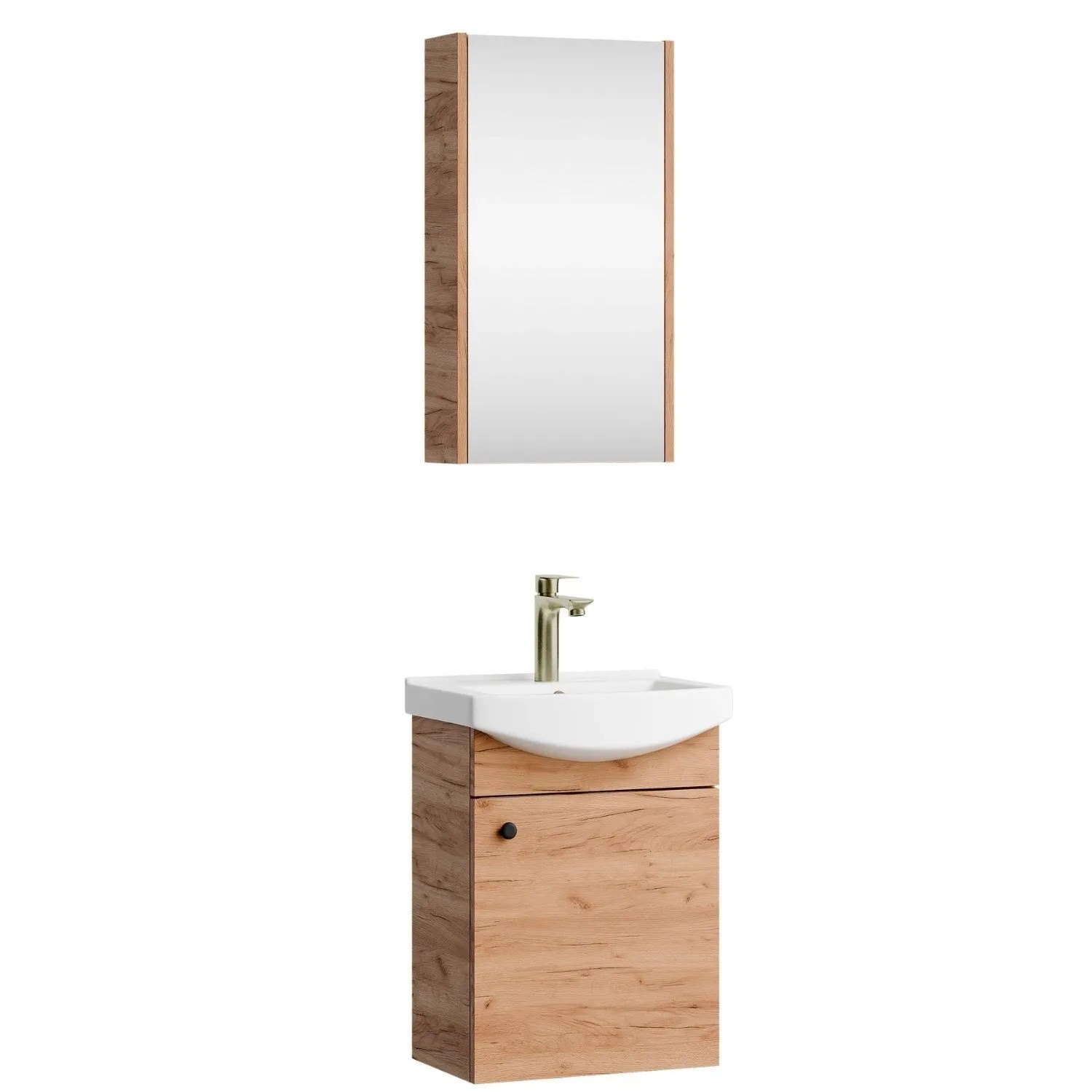 Planetmöbel Badmöbel Set 45 cm Gold Eiche mit Keramikwaschbecken Spiegelschrank Soft Close