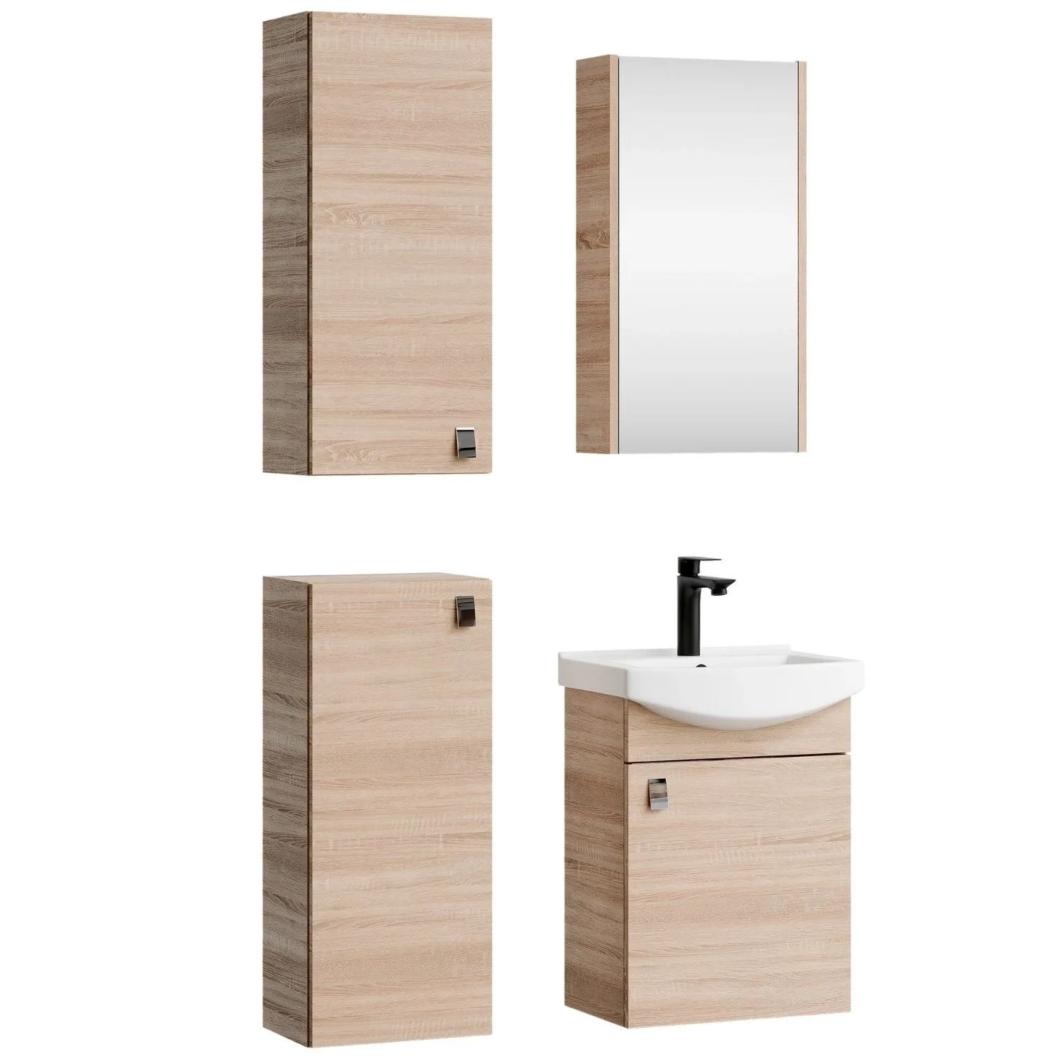 Planetmöbel Badmöbel Set 45 cm Sonoma Eiche mit Keramikwaschbecken Spiegelschrank 2 Midischränke Soft Close
