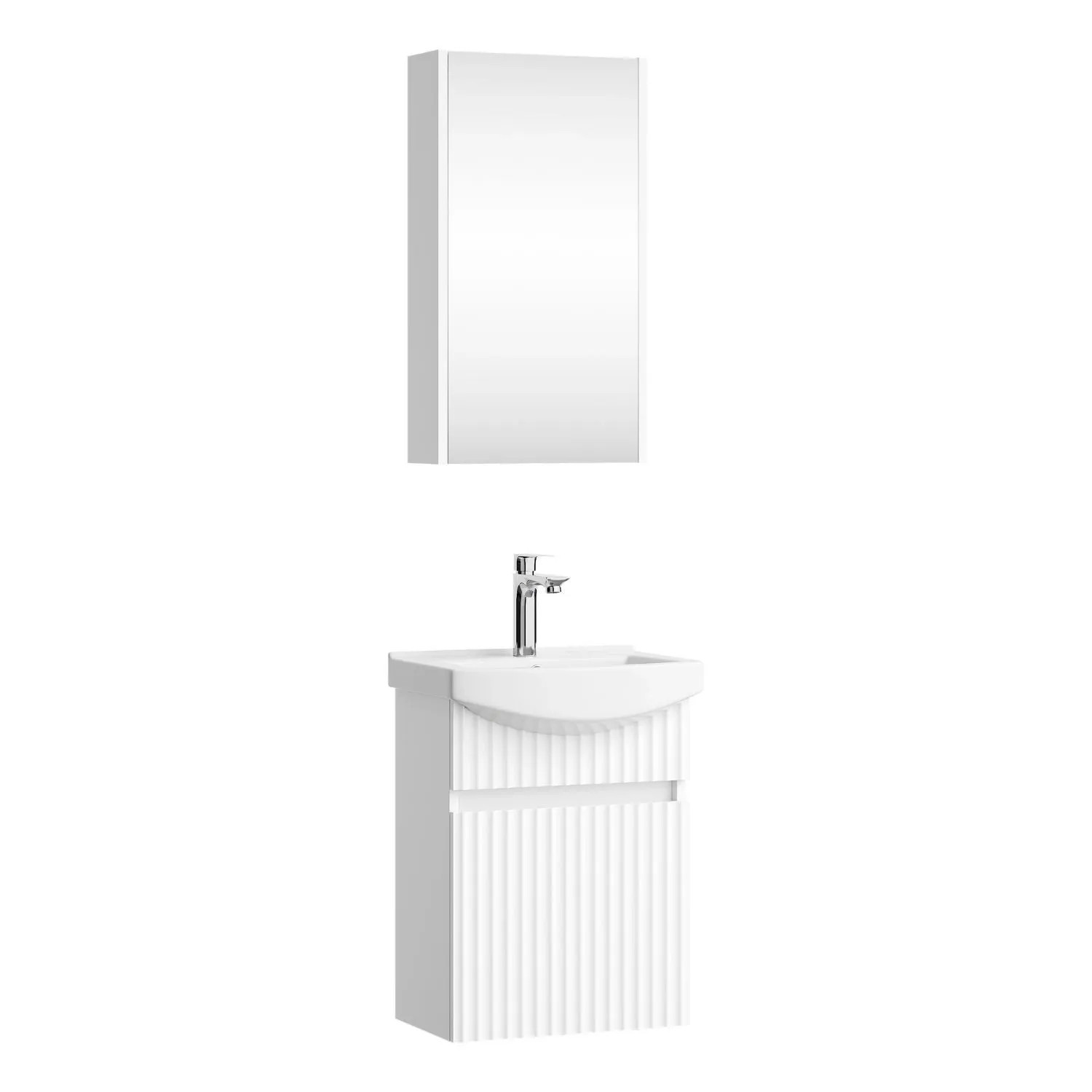 Planetmöbel Wega Badmöbel Set 45 cm Weiß Matt mit Waschbecken Spiegelschrank Holzgriffen