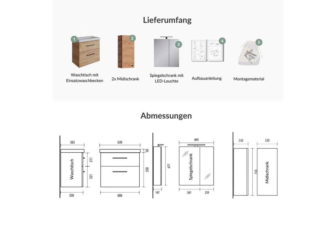 Planetmöbel Badmöbel Set 63 cm Gold Eiche mit Keramikwaschbecken LED Spiegelschrank 2 Midischränke Soft Close