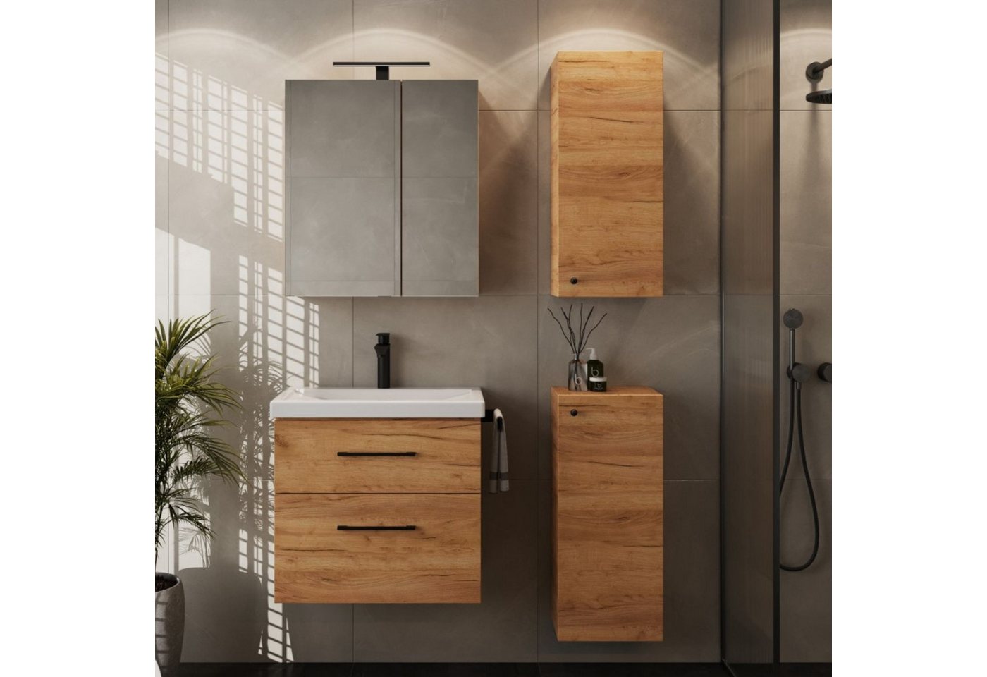 Planetmöbel Badmöbel Set 63 cm Gold Eiche mit Keramikwaschbecken LED Spiegelschrank 2 Midischränke Soft Close Bild 2
