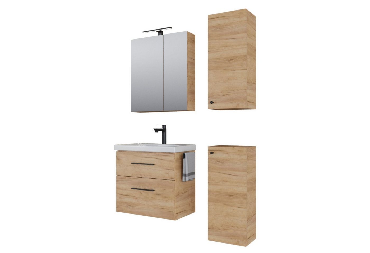 Planetmöbel Badmöbel Set 63 cm Gold Eiche mit Keramikwaschbecken LED Spiegelschrank 2 Midischränke Soft Close Bild 3