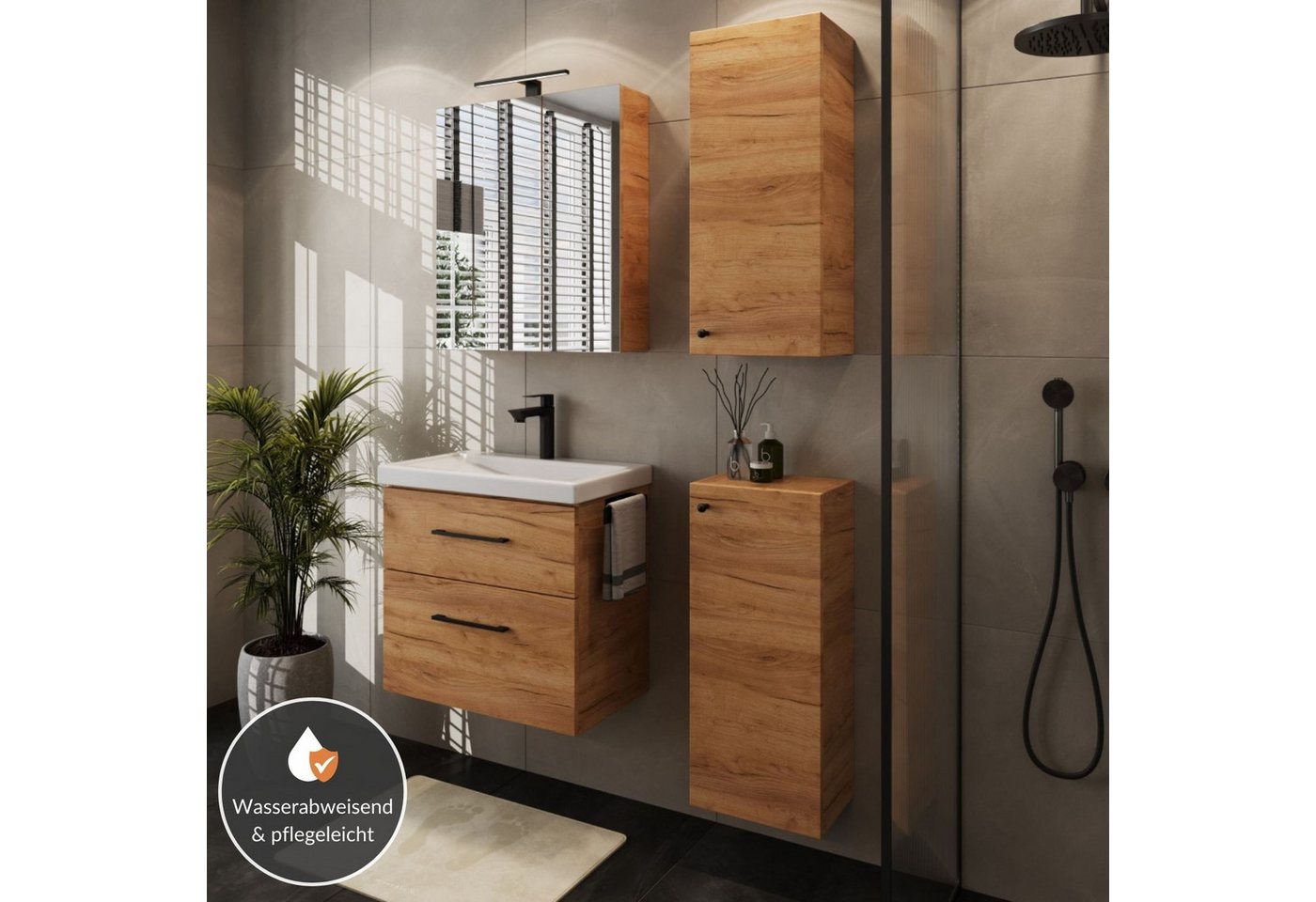 Planetmöbel Badmöbel Set 63 cm Gold Eiche mit Keramikwaschbecken LED Spiegelschrank 2 Midischränke Soft Close Bild 4