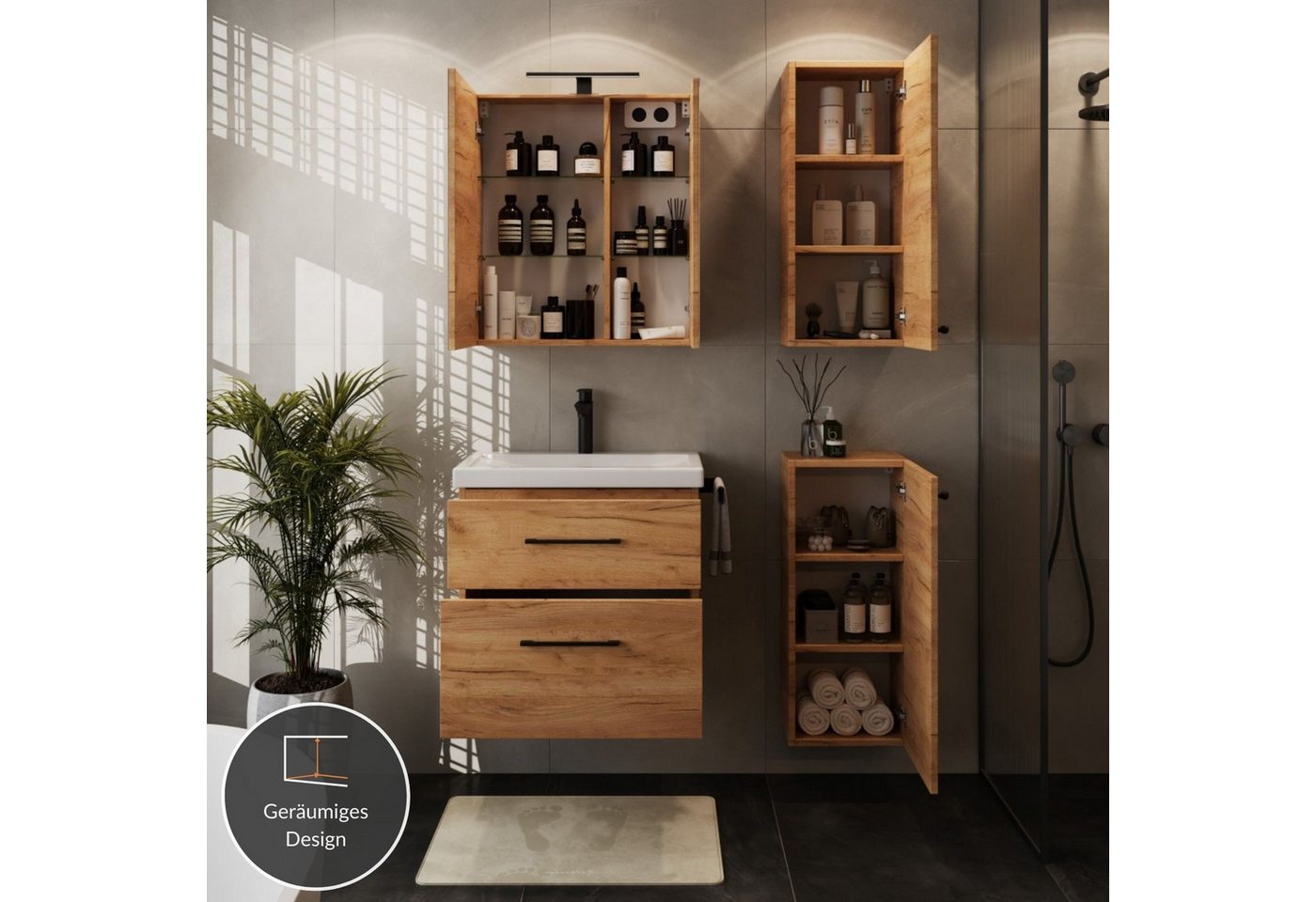 Planetmöbel Badmöbel Set 63 cm Gold Eiche mit Keramikwaschbecken LED Spiegelschrank 2 Midischränke Soft Close Bild 5