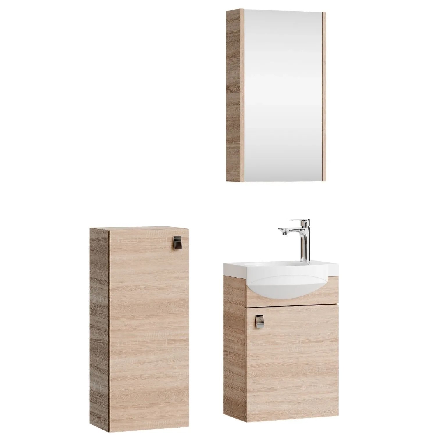 Planetmöbel Badmöbel Set 40 cm Sonoma Eiche mit Keramikwaschbecken Spiegelschrank Midischrank Soft Close