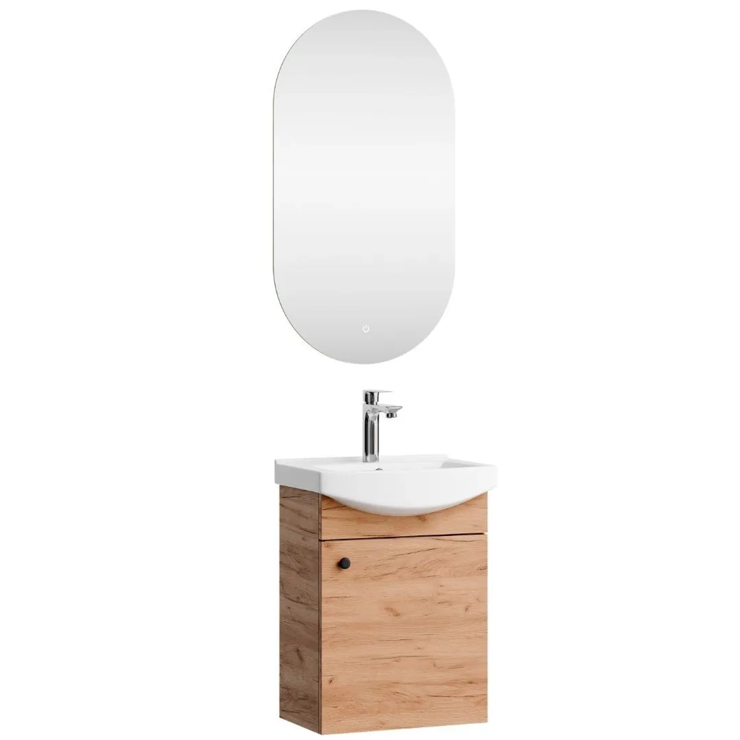 Planetmöbel Badmöbel Set 45 cm Gold Eiche mit Keramikwaschbecken Spiegel Soft Close