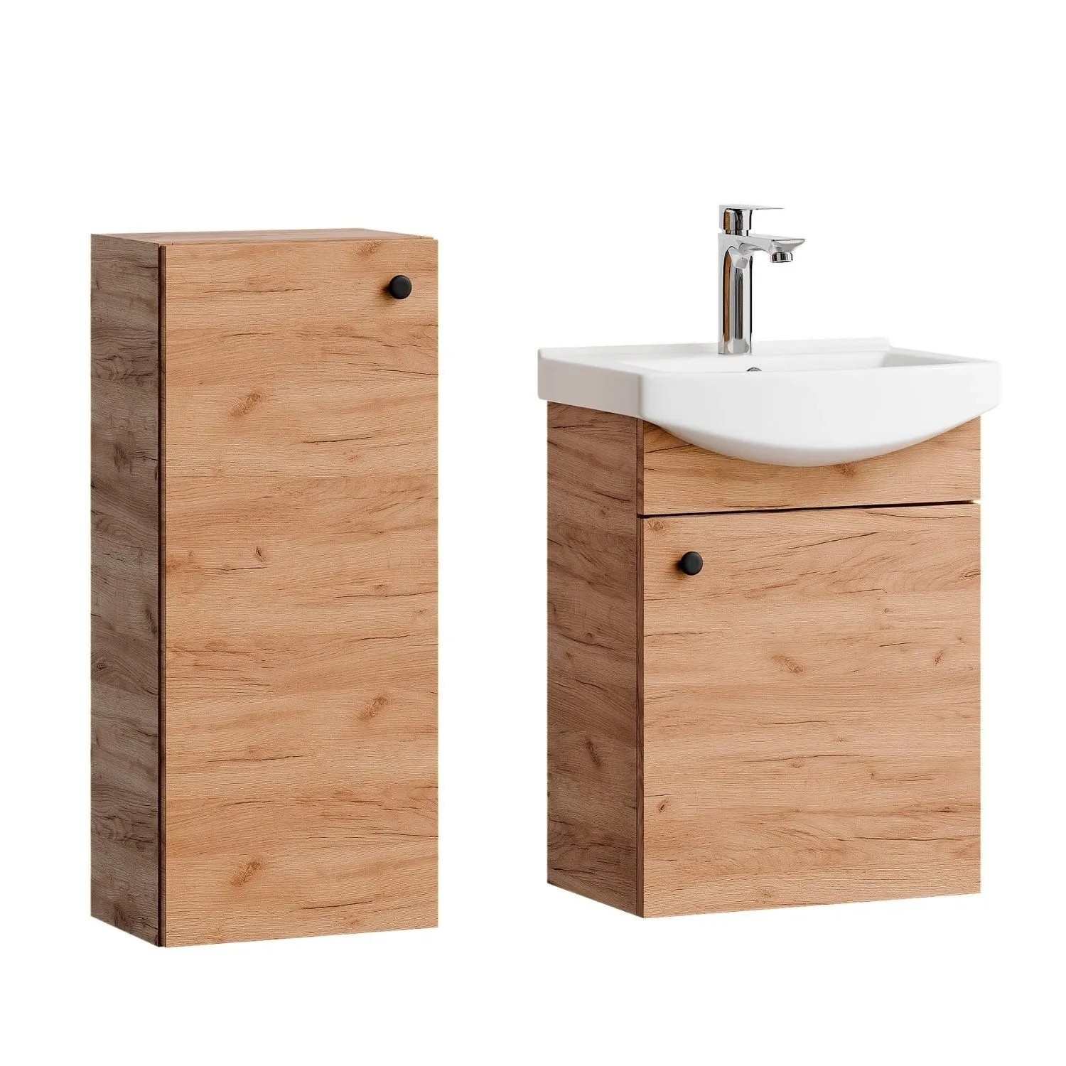 Planetmöbel Badmöbel Set 45 cm Gold Eiche mit Keramikwaschbecken Midischrank Soft Close