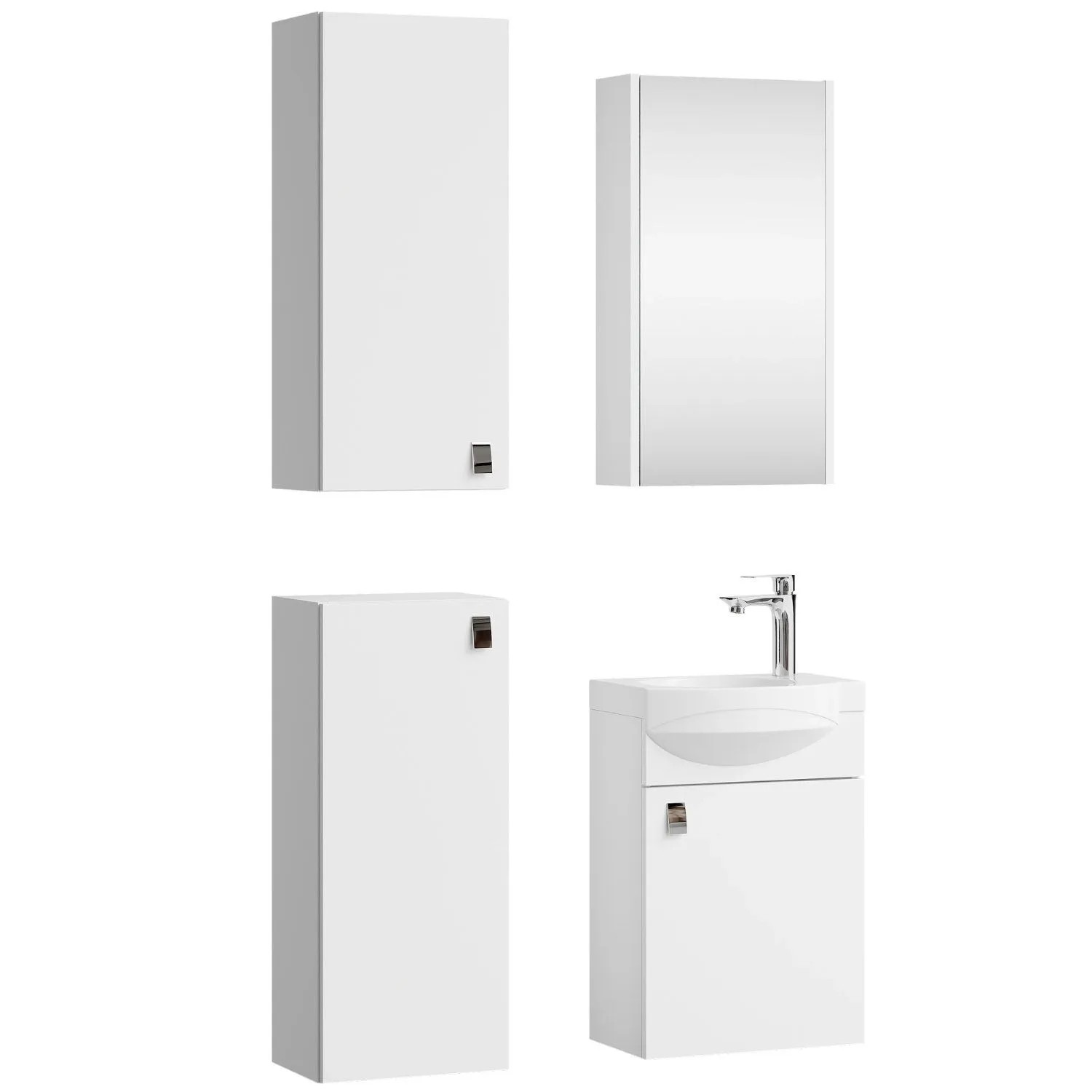Planetmöbel Badmöbel Set 40 cm Weiß mit Keramikwaschbecken Spiegelschrank 2 Midischränke Soft Close