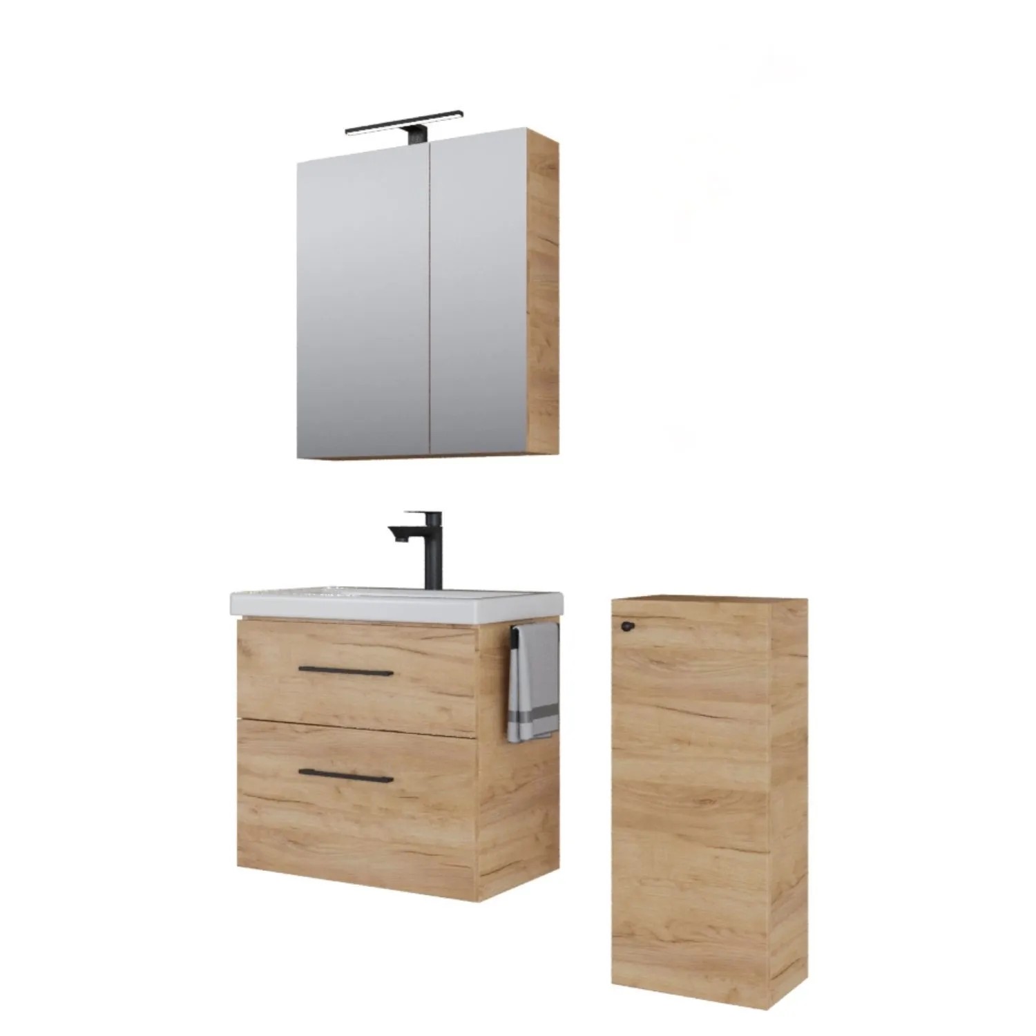 Planetmöbel Badmöbel Set 63 cm Gold Eiche mit Keramikwaschbecken LED Spiegelschrank Midischrank Soft Close