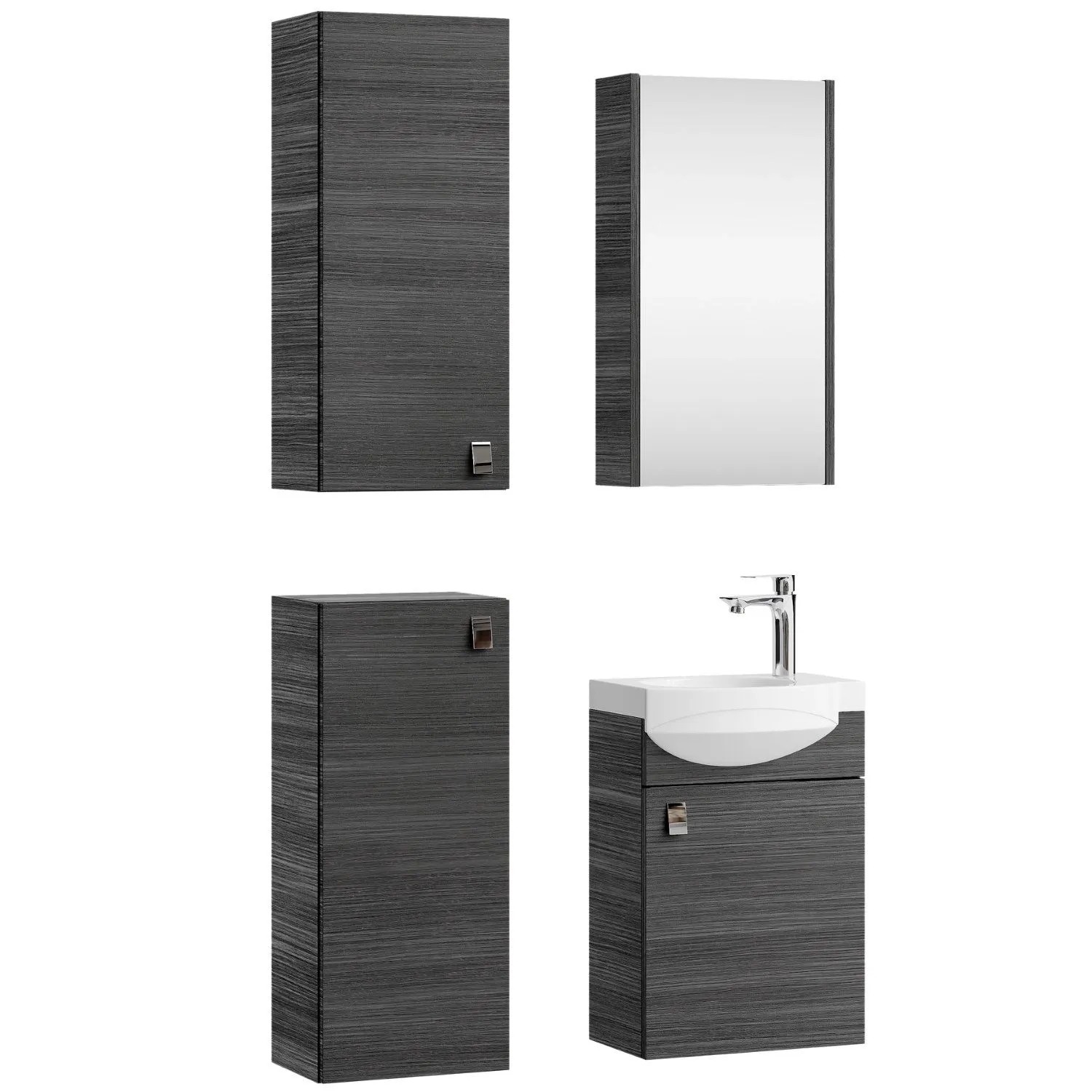 Planetmöbel Badmöbel Set 40 cm Anthrazit mit Keramikwaschbecken Spiegelschrank 2 Midischränke Soft Close