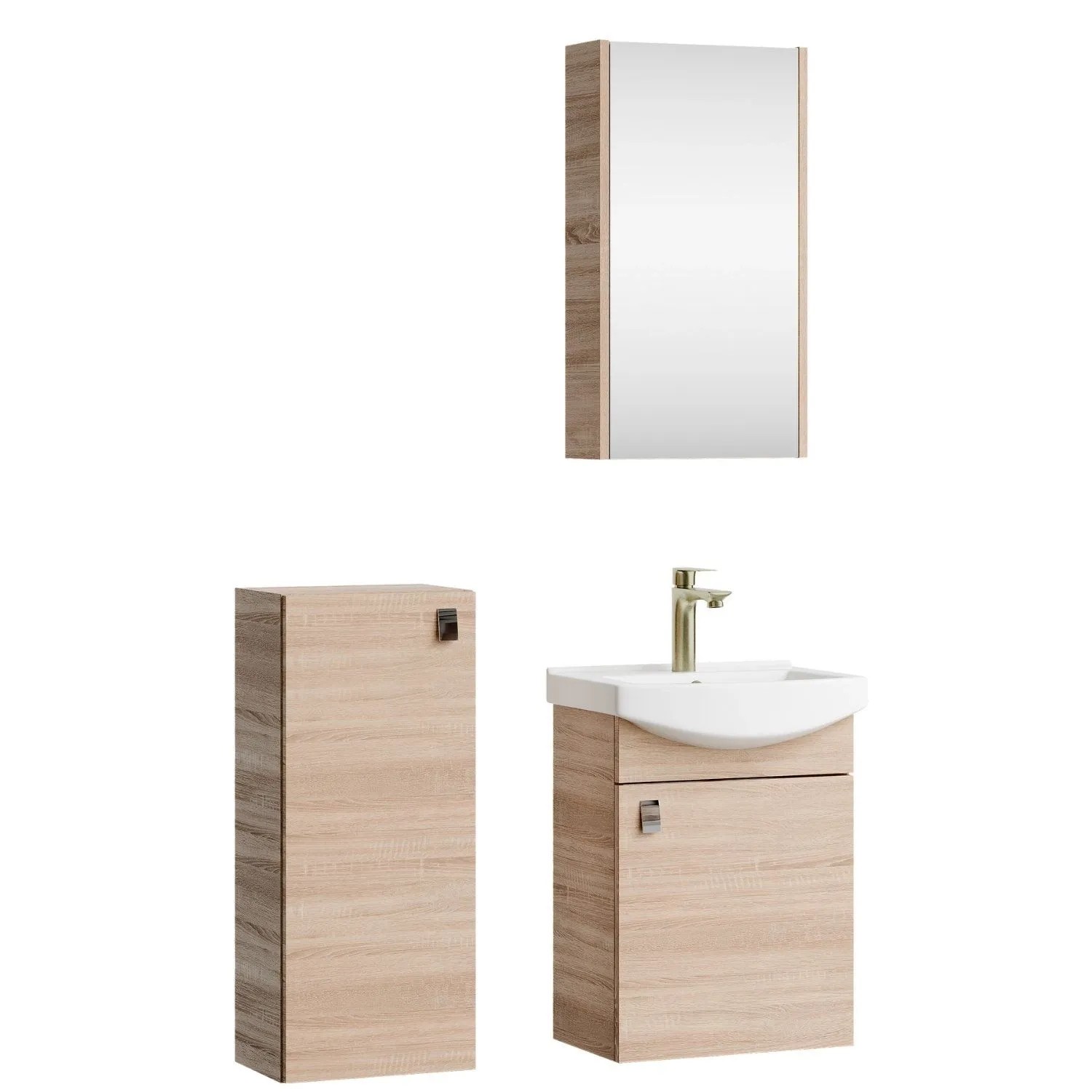 Planetmöbel Badmöbel Set 45 cm Sonoma Eiche mit Keramikwaschbecken Spiegelschrank Midischrank Soft Close