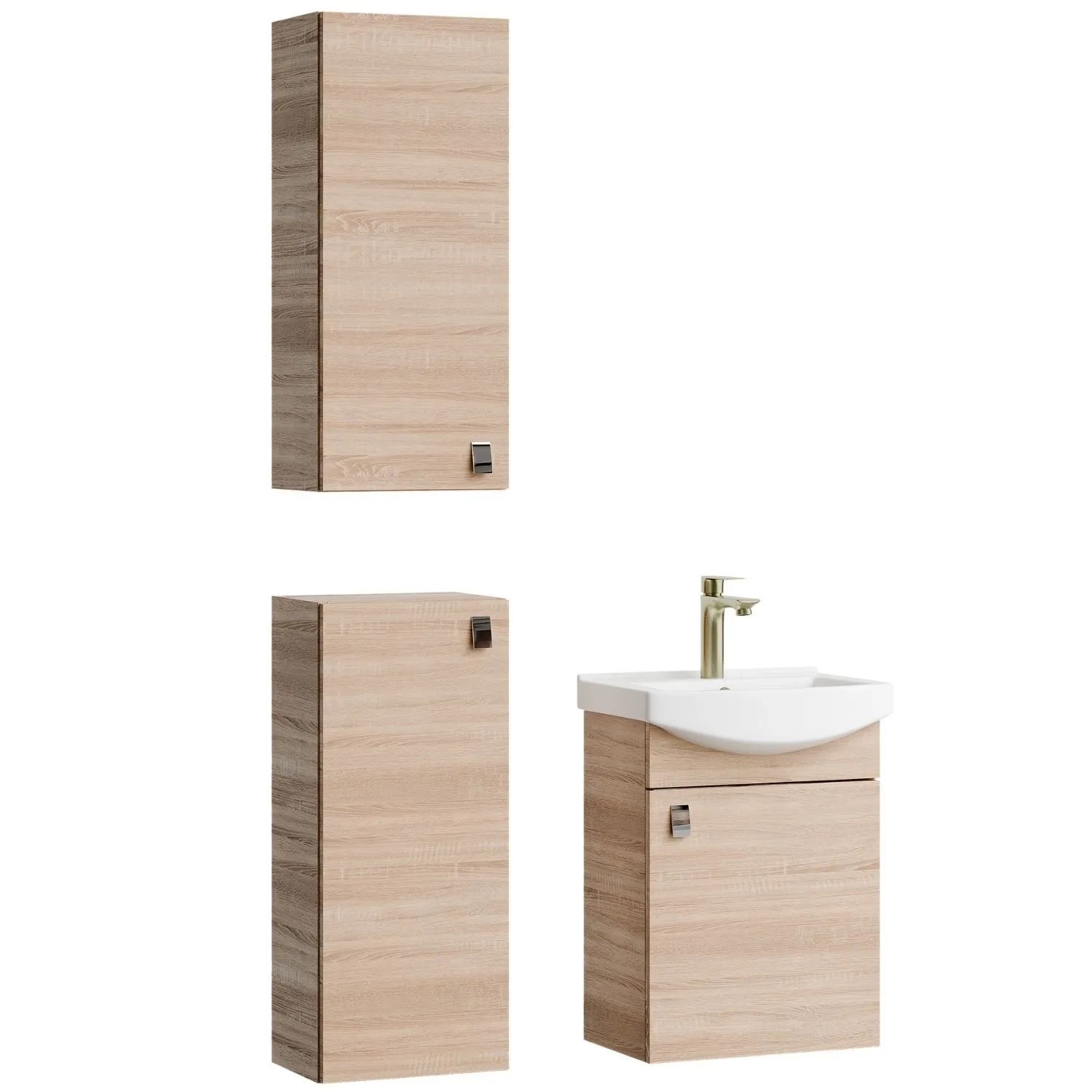 Planetmöbel Badmöbel Set 45 cm Sonoma Eiche mit Keramikwaschbecken 2 Midischränken Soft Close