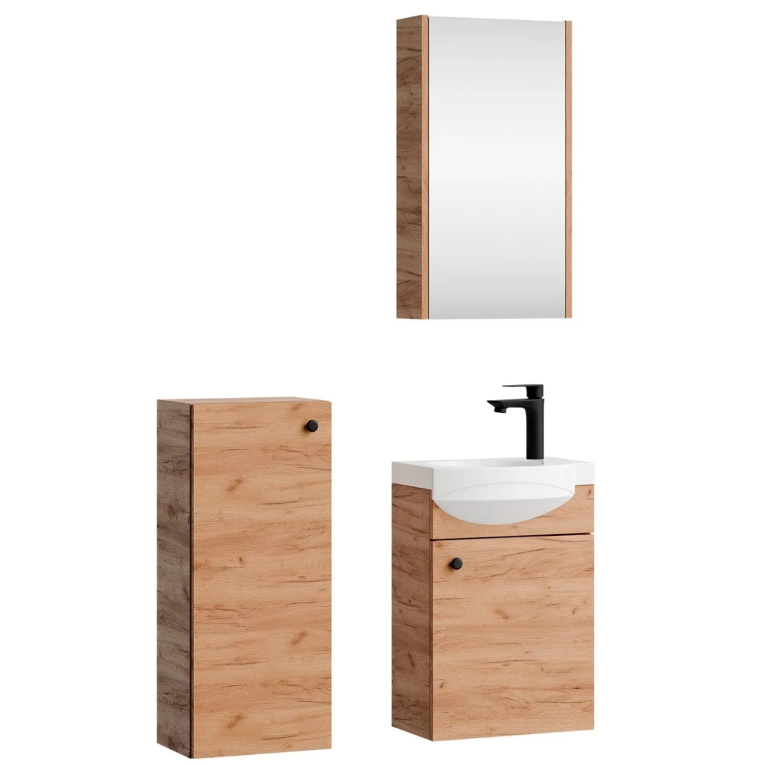Planetmöbel Badmöbel Set 40 cm Gold Eiche mit Keramikwaschbecken Spiegelschrank Midischrank Soft Close