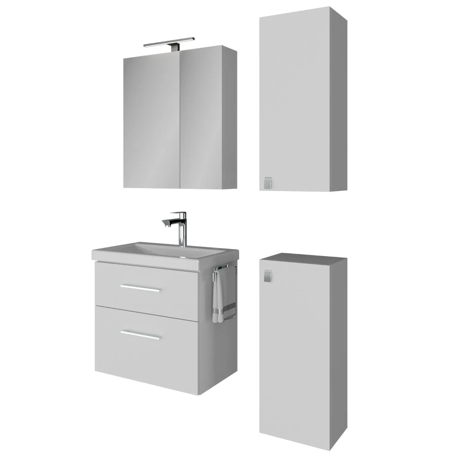 Planetmöbel Badmöbel Set 63 cm Weiß mit Keramikwaschbecken LED Spiegelschrank 2 Midischränke Soft Close