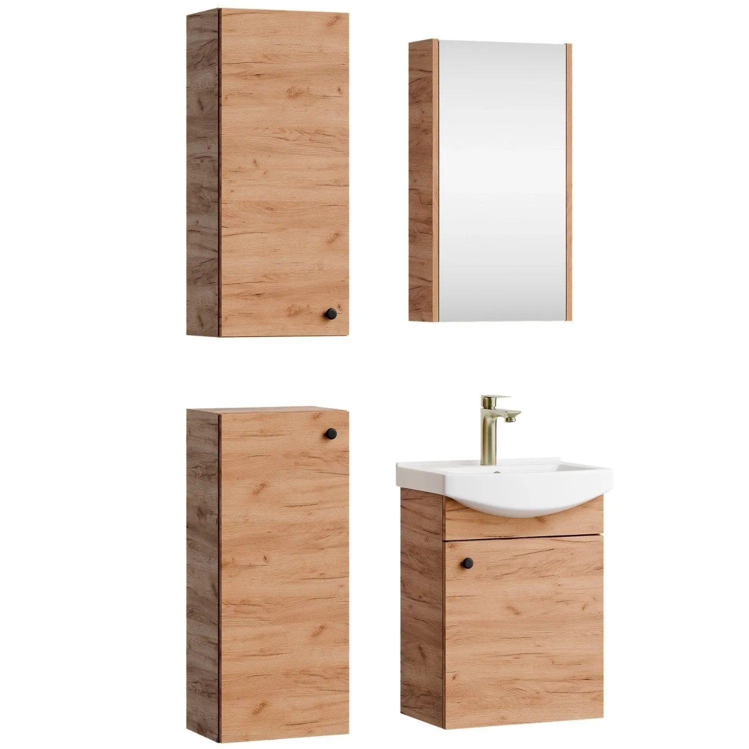 Planetmöbel Badmöbel Set 45 cm Gold Eiche mit Keramikwaschbecken Spiegelschrank 2 Midischränke Soft Close