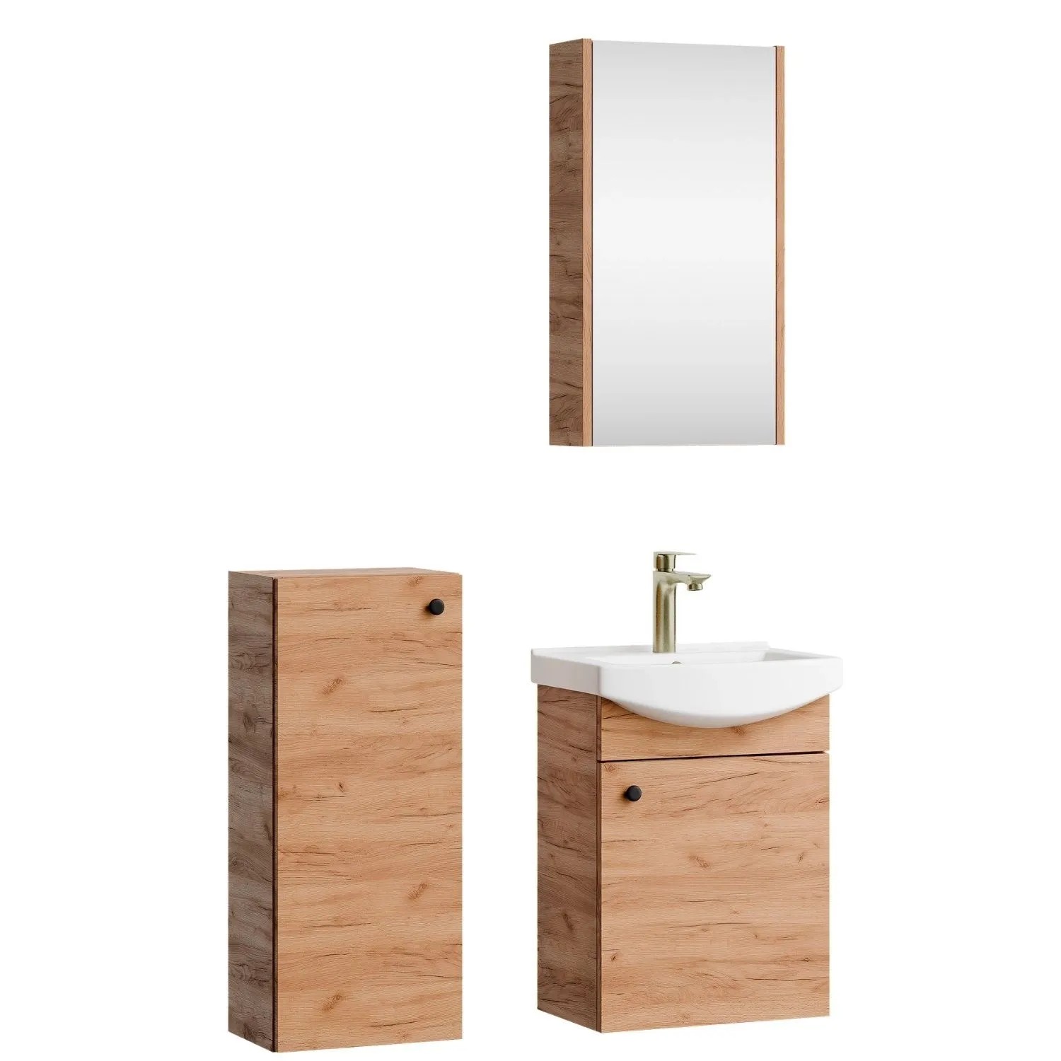 Planetmöbel Badmöbel Set 45 cm Gold Eiche mit Keramikwaschbecken Spiegelschrank Midischrank Soft Close