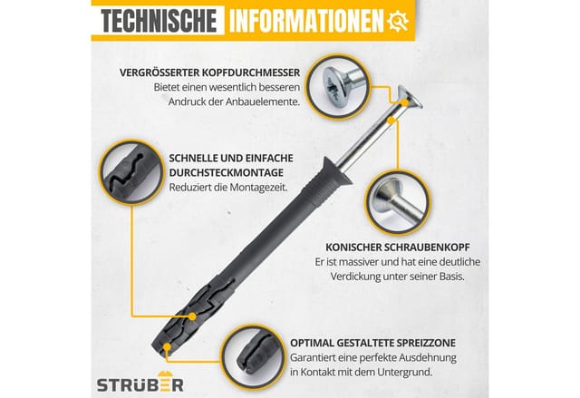 STRÜBER Nageldübel Nageldübel Schnellmontage Schlagdübel Einschlagdübel Senkkopf Dübel, Schnellmontage Nageldübel Schlagdübel Rahmendübel Spreizdübel