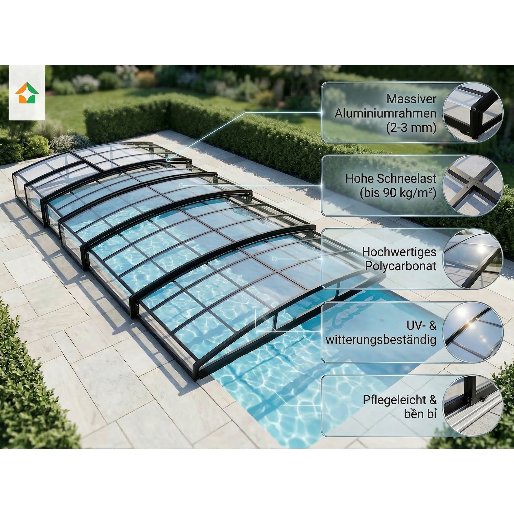 Poolüberdachung "Aqualina" aus Aluminium, ca. 8,81 x 3,26 x 0,92 m