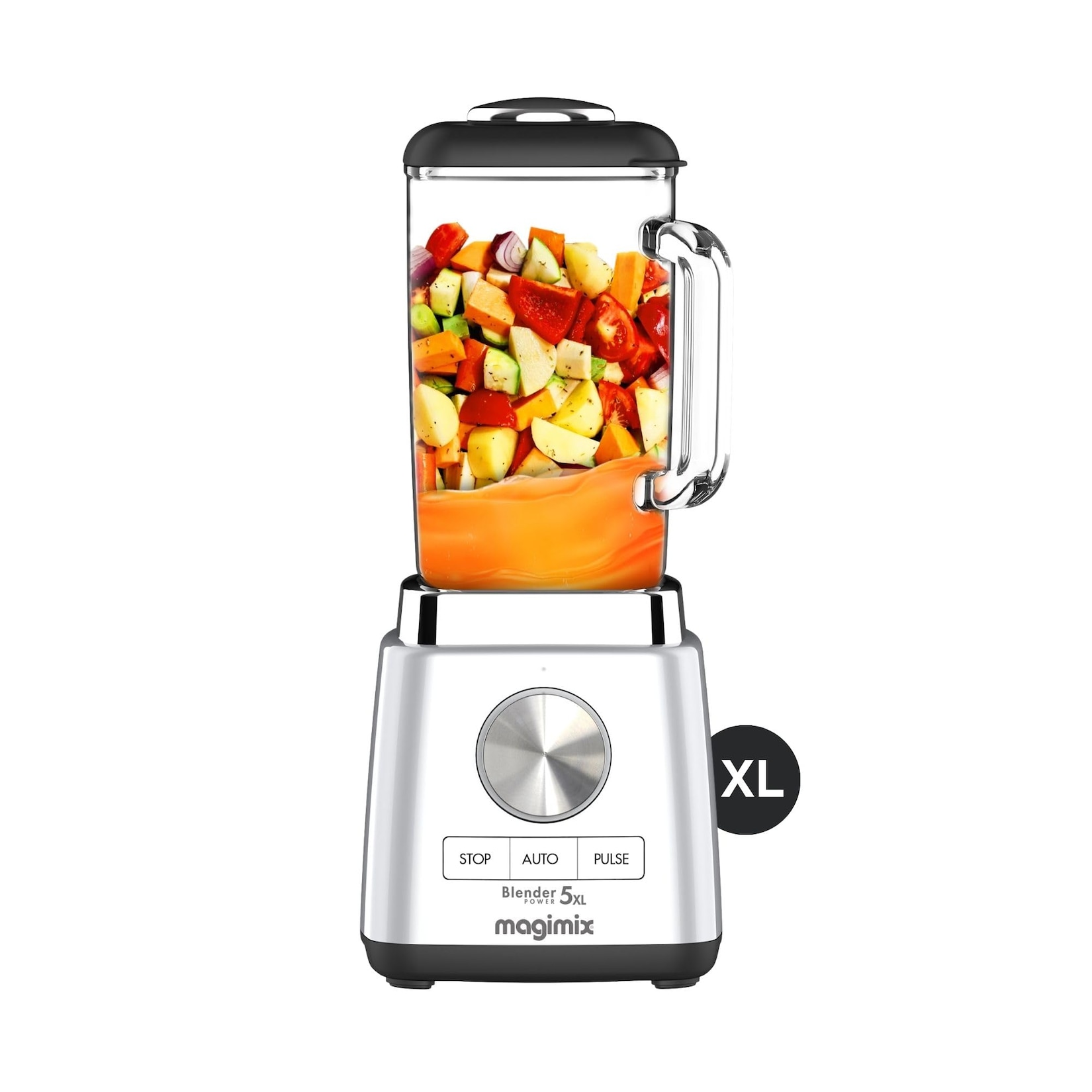 Magimix Power Blender 5XL chrome matt Standmixer (1.500 Watt, 2 Liter Glasbehälter, bis 22.000 U/min., 4 Automatikprogramme: Crushed Ice, Smoothies, Suppen, Desserts, Auto-Rinse-Funktion, Silber/Transparent)