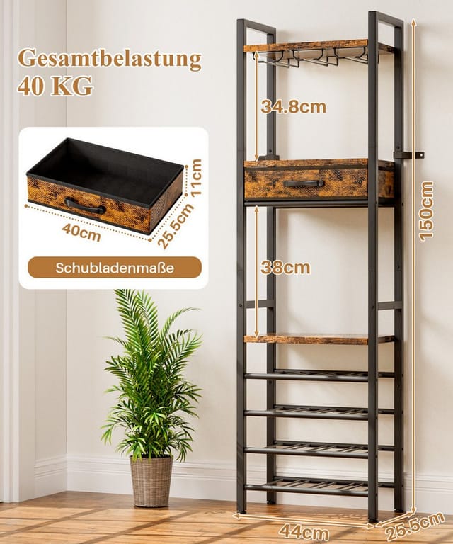 Yorbay Weinregal Vintage Design,Weinständer aus Holz& Metall für 16 Flaschen, 15 Gläser Weinregal mit Ablagefläche und Schublade, für Küche, Wohnzimmer oder als Geschenk
