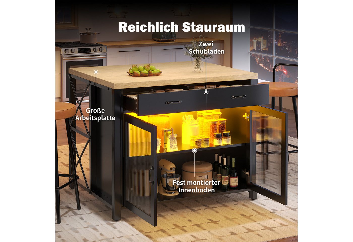 Odikalo Kücheninsel mit Arbeitsplatte und LED, (Kaffeebartisch, geeignet für Wohnzimmer, Esszimmer, Desktop-Oberfläche mit Holzstruktur, verstellbare Füße)