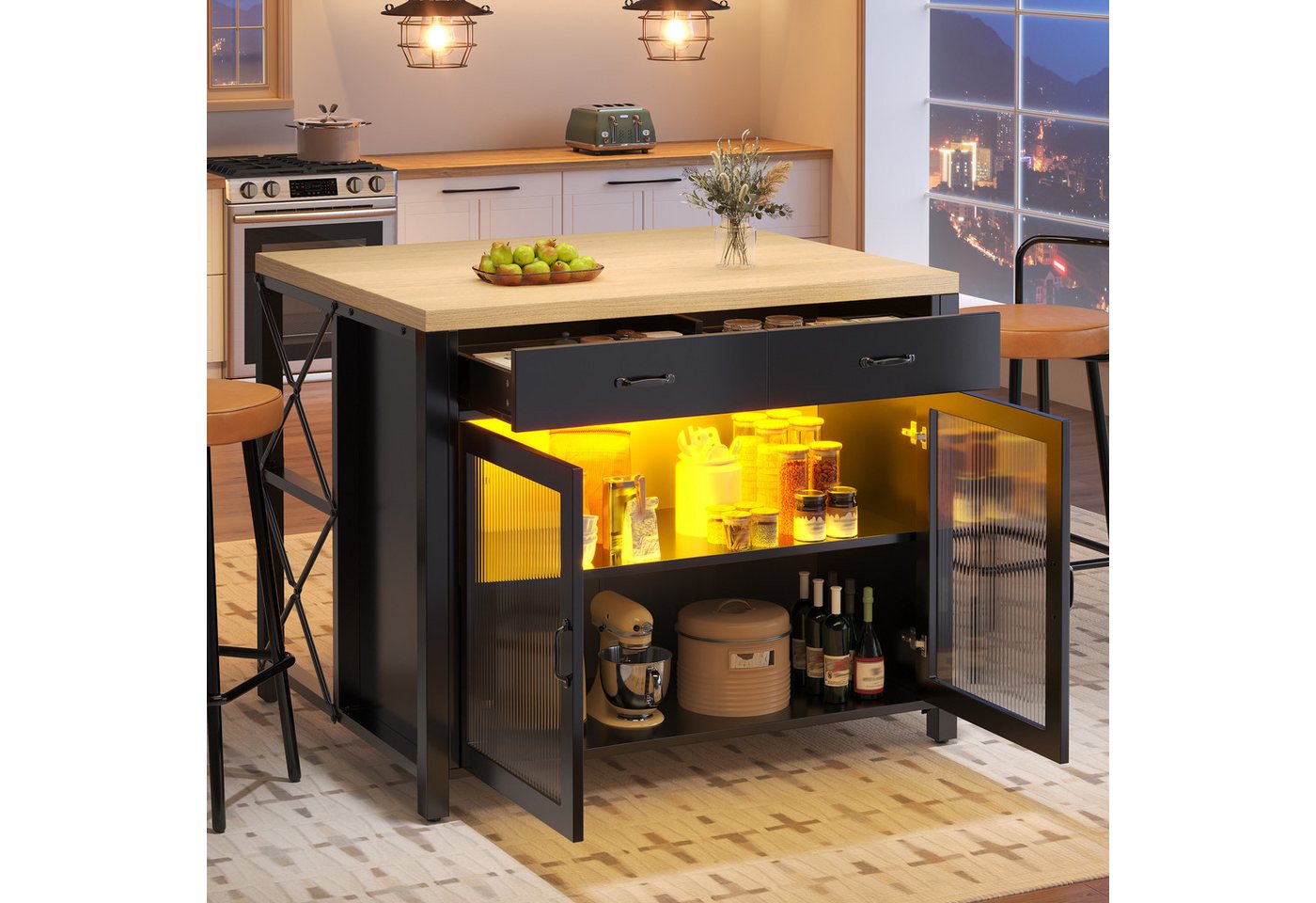 Odikalo Kücheninsel mit Arbeitsplatte und LED, (Kaffeebartisch, geeignet für Wohnzimmer, Esszimmer, Desktop-Oberfläche mit Holzstruktur, verstellbare Füße) Bild 2