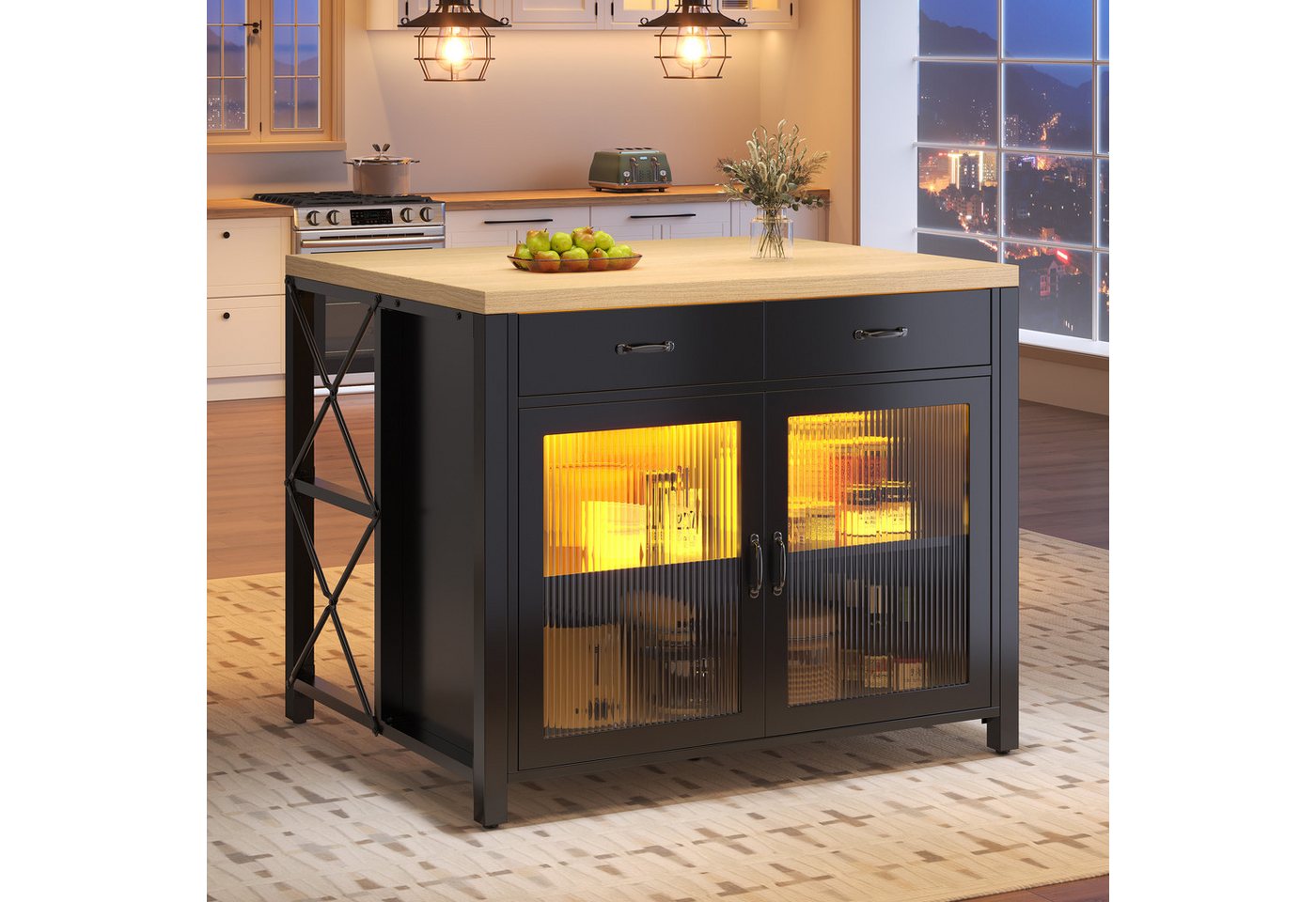 Odikalo Kücheninsel mit Arbeitsplatte und LED, (Kaffeebartisch, geeignet für Wohnzimmer, Esszimmer, Desktop-Oberfläche mit Holzstruktur, verstellbare Füße) Bild 3