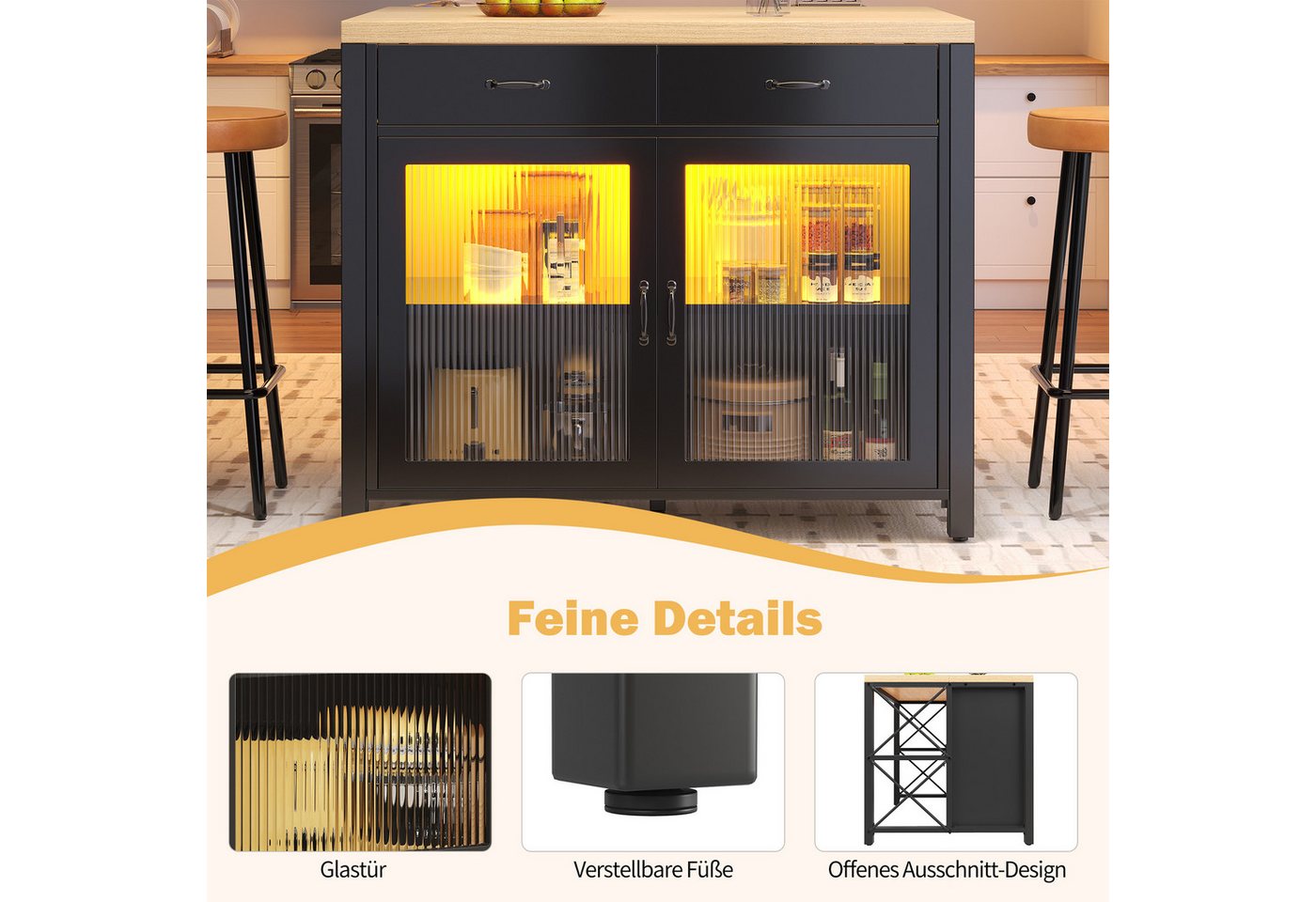 Odikalo Kücheninsel mit Arbeitsplatte und LED, (Kaffeebartisch, geeignet für Wohnzimmer, Esszimmer, Desktop-Oberfläche mit Holzstruktur, verstellbare Füße) Bild 4