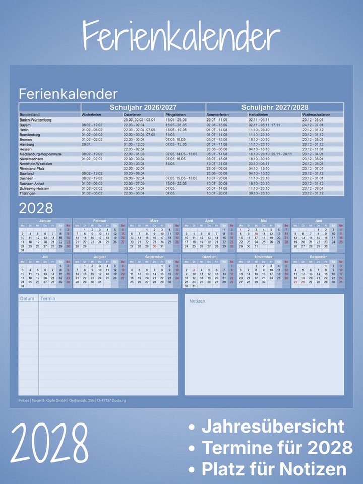 6vibes Familienkalender 2027 XXL 10 Spalten bunt, Familienplaner, Teams, WG, mit Notizfeld, extra Spalte, Ferienkalender & Vorschau 2028