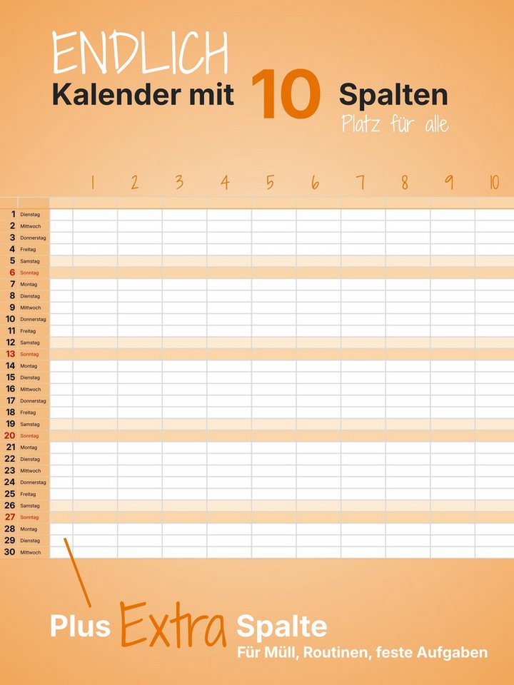 6vibes Familienkalender 2027 XXL 10 Spalten bunt, Familienplaner, Teams, WG, mit Notizfeld, extra Spalte, Ferienkalender & Vorschau 2028 Bild 2