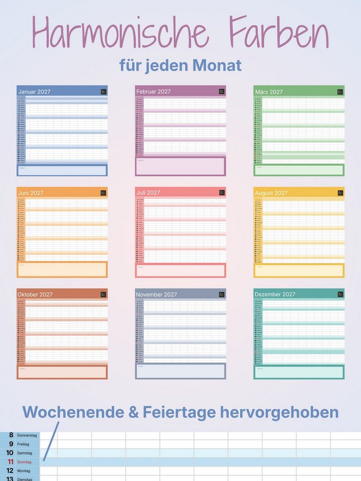 6vibes Familienkalender 2027 XXL 10 Spalten bunt, Familienplaner, Teams, WG, mit Notizfeld, extra Spalte, Ferienkalender & Vorschau 2028 Bild 3