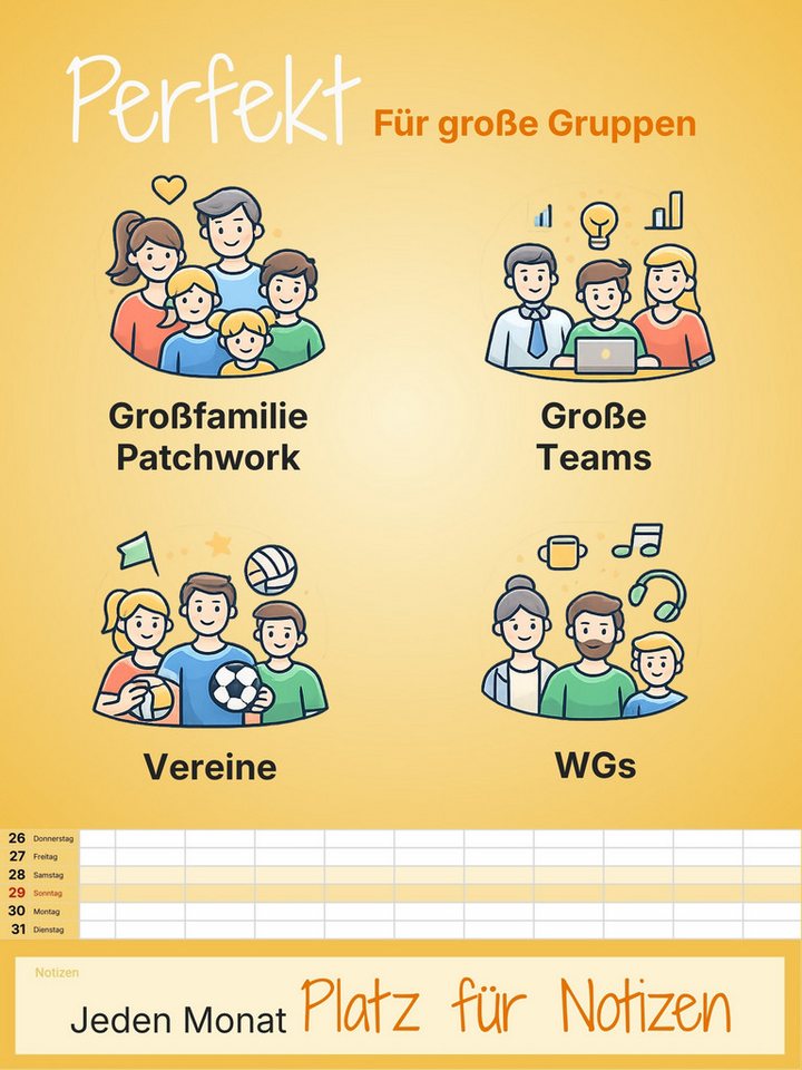 6vibes Familienkalender 2027 XXL 10 Spalten bunt, Familienplaner, Teams, WG, mit Notizfeld, extra Spalte, Ferienkalender & Vorschau 2028 Bild 4
