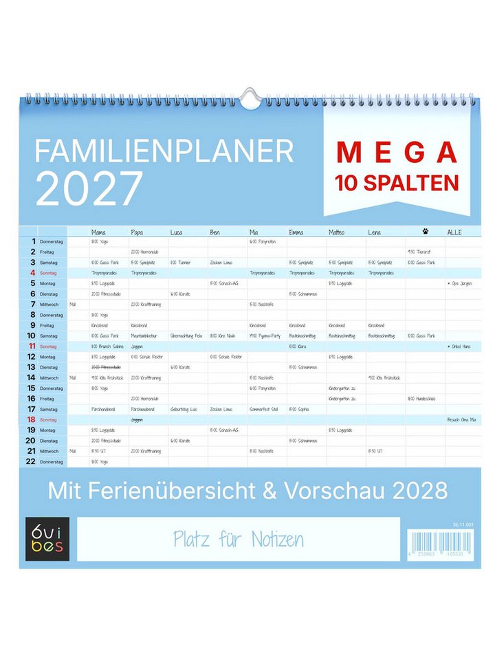 6vibes Familienkalender 2027 XXL 10 Spalten bunt, Familienplaner, Teams, WG, mit Notizfeld, extra Spalte, Ferienkalender & Vorschau 2028 Bild 5