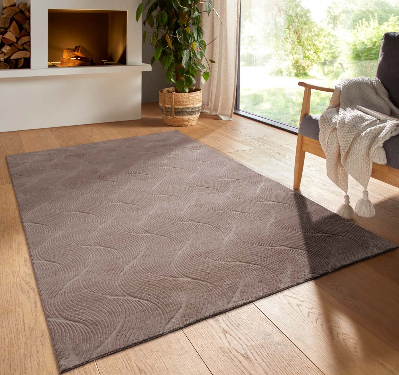 TaraCarpet Teppich TaraCarpet Homestyle 392 Shell, rund, Höhe: 10 mm, Felloptik hoch-tief weich waschbar Düne taupe 80x80 rund