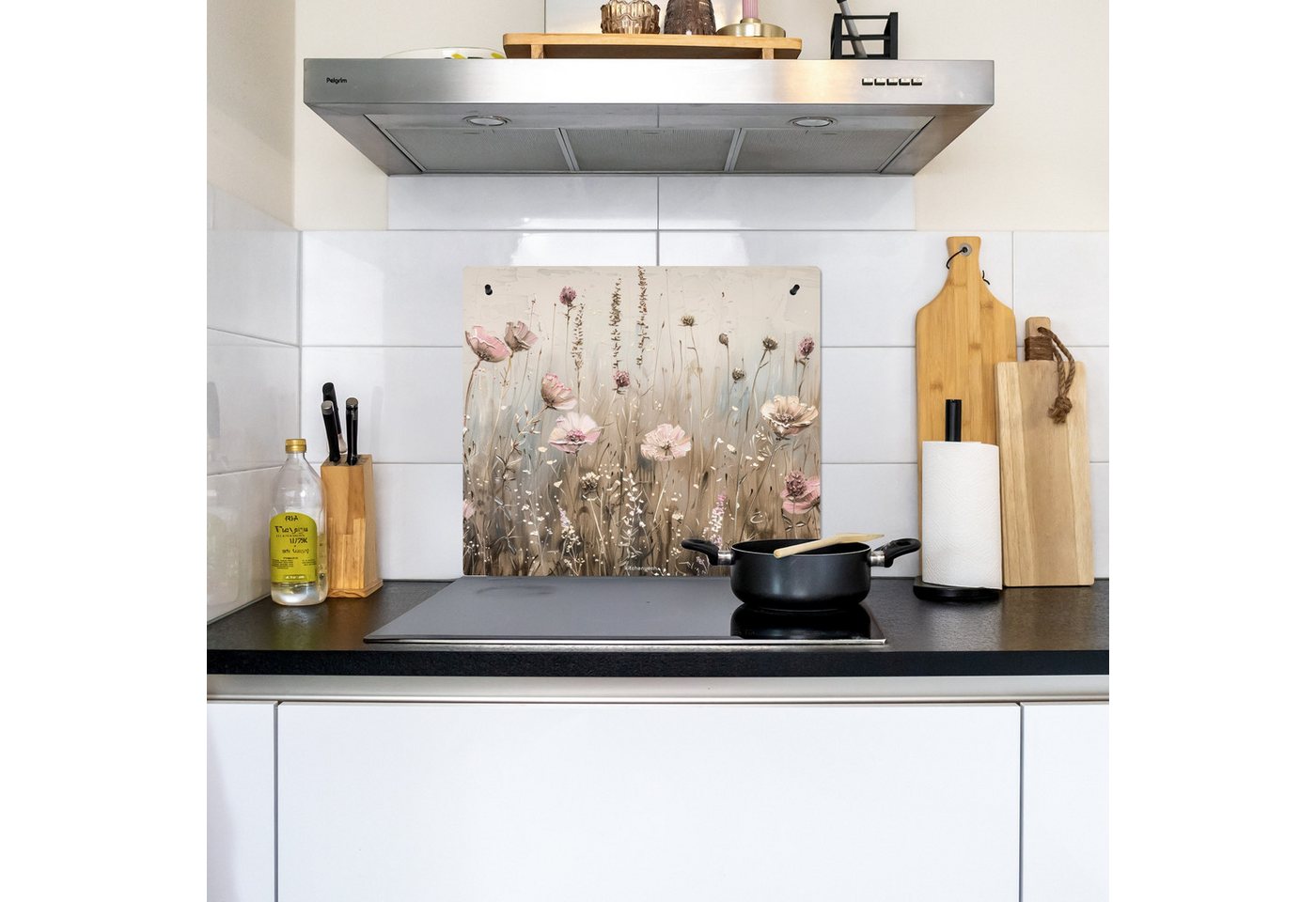 KitchenYeah Küchenrückwand Blumen - Beige - Trockenblumen, (1-tlg), Küche Herdabdeckplatte Ceranfeld Vinyl Einteilig, 59x52 cm