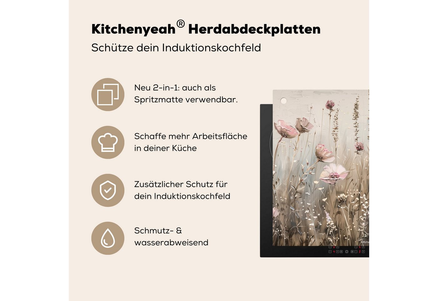 KitchenYeah Küchenrückwand Blumen - Beige - Trockenblumen, (1-tlg), Küche Herdabdeckplatte Ceranfeld Vinyl Einteilig, 59x52 cm Bild 5