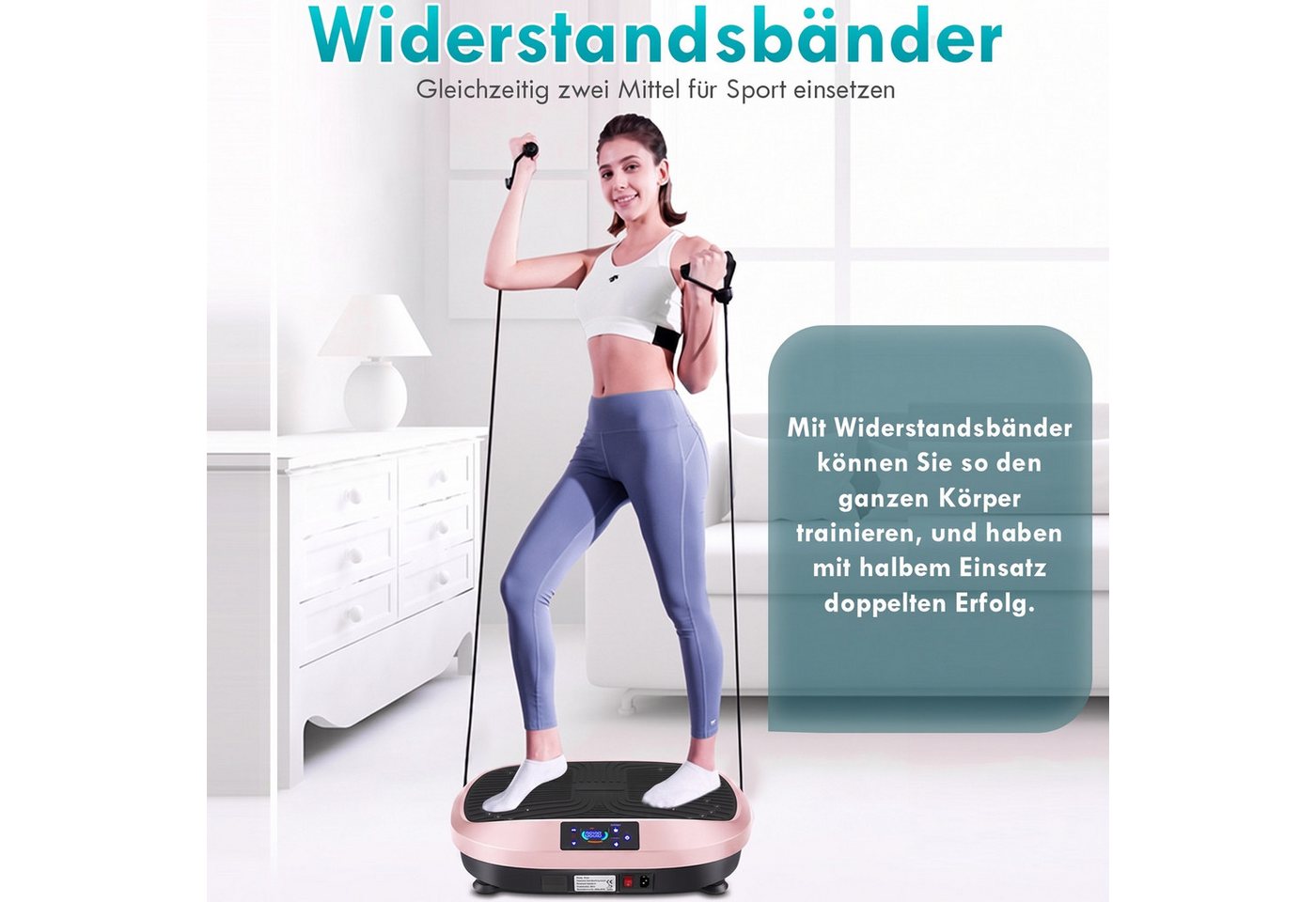 kehot Vibrationsplatte Vibrationsplatte für Ganzkörpertraining zu Hause, 200 W, 120 Intensitätsstufen, (Fitnessgerät mit Trainingsbändern für vielseitige Übungen), Leiser Motor, Fernbedienung und seitliche Transporträder Bild 4