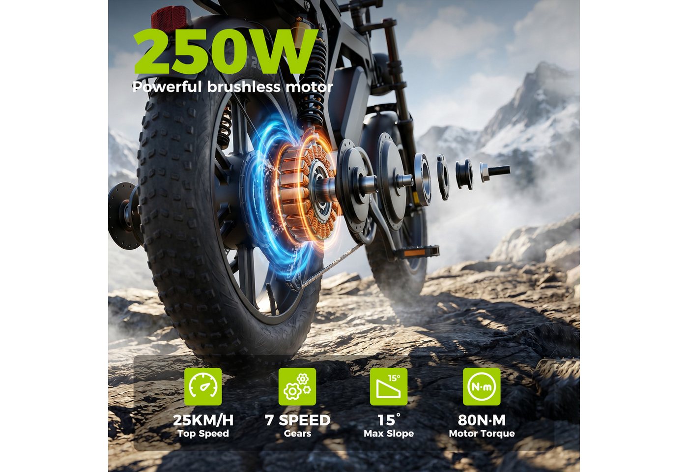 ELEKWHEELS E-Bike E-Fatbike 20"x4" Fatbike, für Herren und Damen, 48V 15Ah Akku bis 108 km, 7 Gang Shimano, Kettenschaltung, Fatbike-Reifen, Vollfederung, hydraulische Scheibenbremsen, Farb-LCD Bild 2